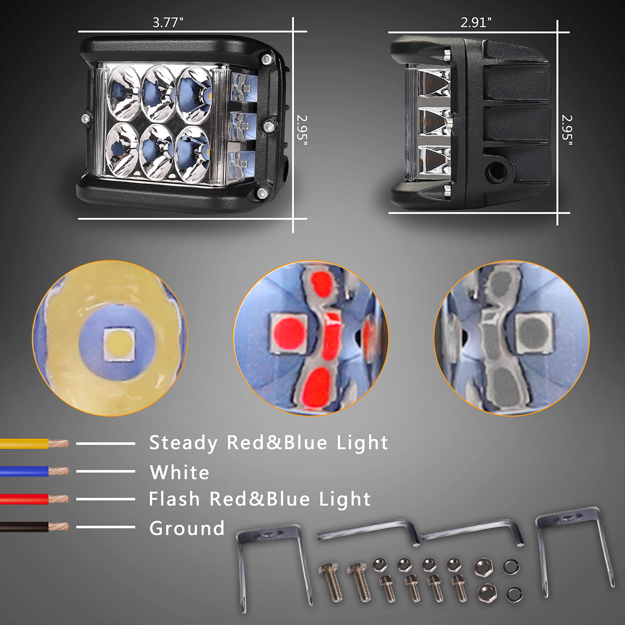 HOYUZA 4 Inch LED Pod Lights - Red & Blue Dual Color Strobe - Model HY-1818SRB, Die Casting Aluminum Alloy Side Shooter Lights