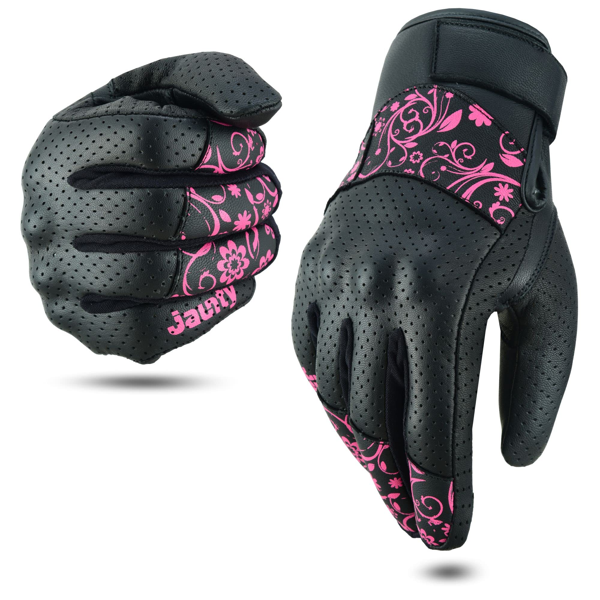 JAUNTY Motorcycle Gloves for Women Leather Riding Touchscreen Gloves for Ladies with Hard Knuckle Perforated Breathable Biker, A