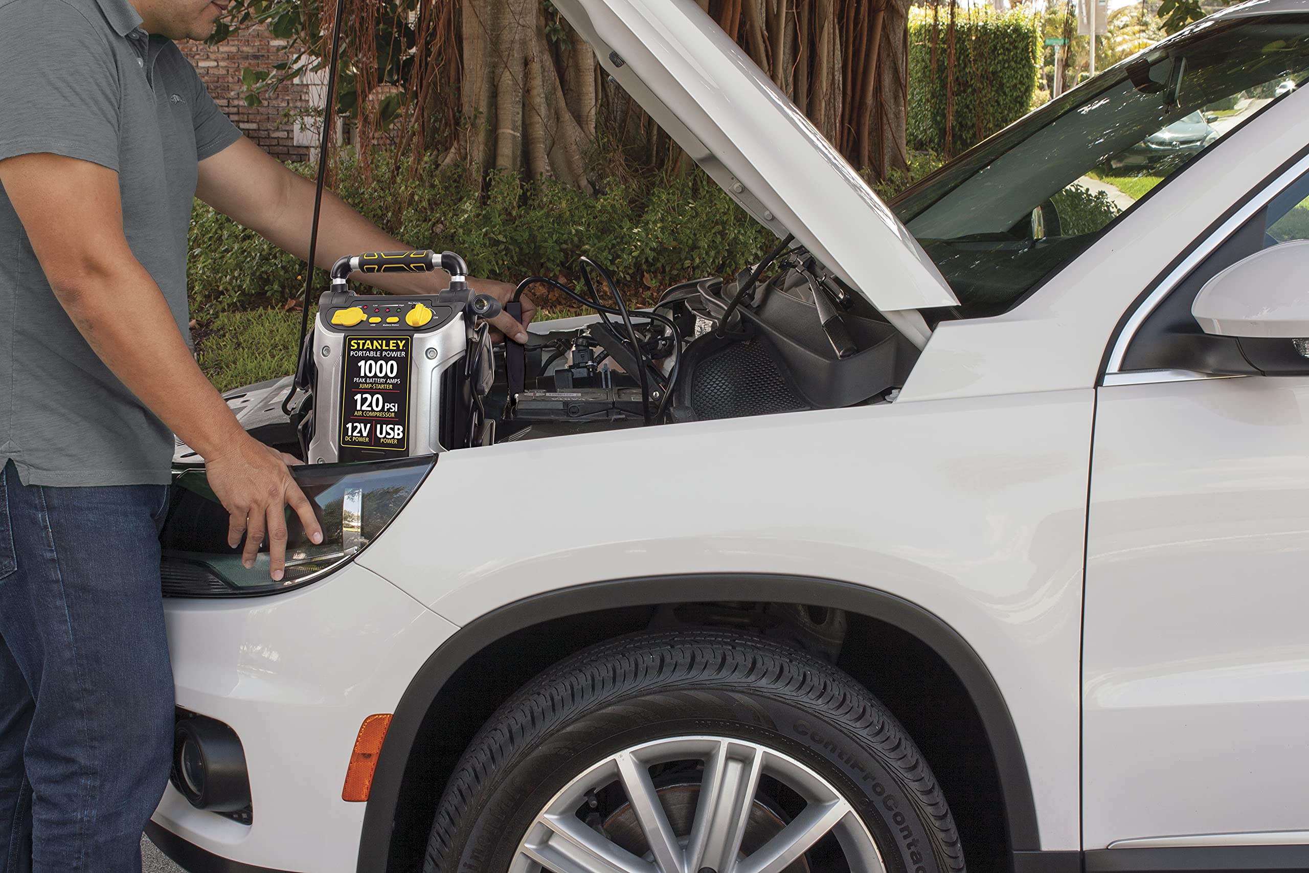 STANLEY J5C09 Portable Power Station Jump Starter, 1000 Peak Amps, 120 PSI Air Compressor, Silver, Metal