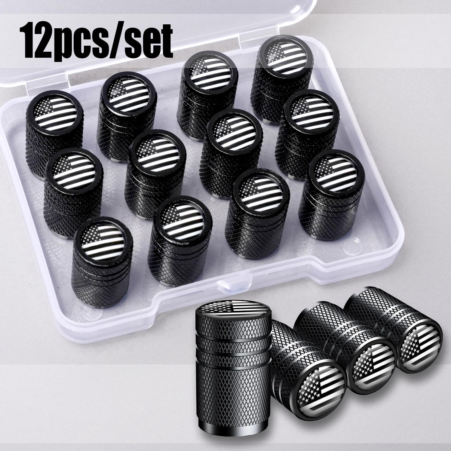 Muzioiernsu 12PCS American Flag Tire Valve Stem, Aluminum USA Caps Black, Universal Dust Proof Covers for Cars, Trucks, Bikes, M