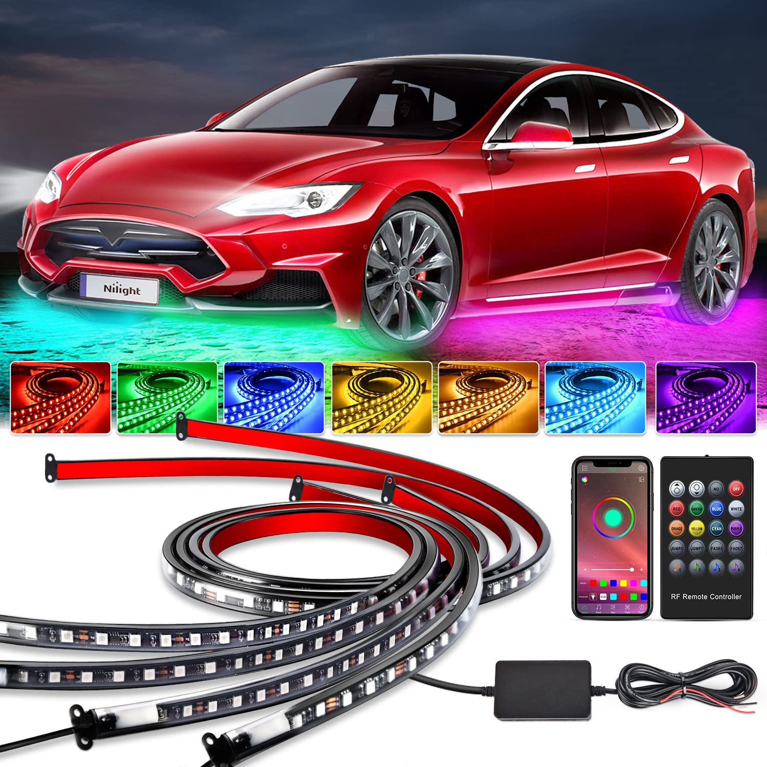 Nilight 4Pcs Car Underglow Neon Accent Strip Lights 256 Leds Rgb Multi Color Diy Sound Active Function Music Mode With App Contr
