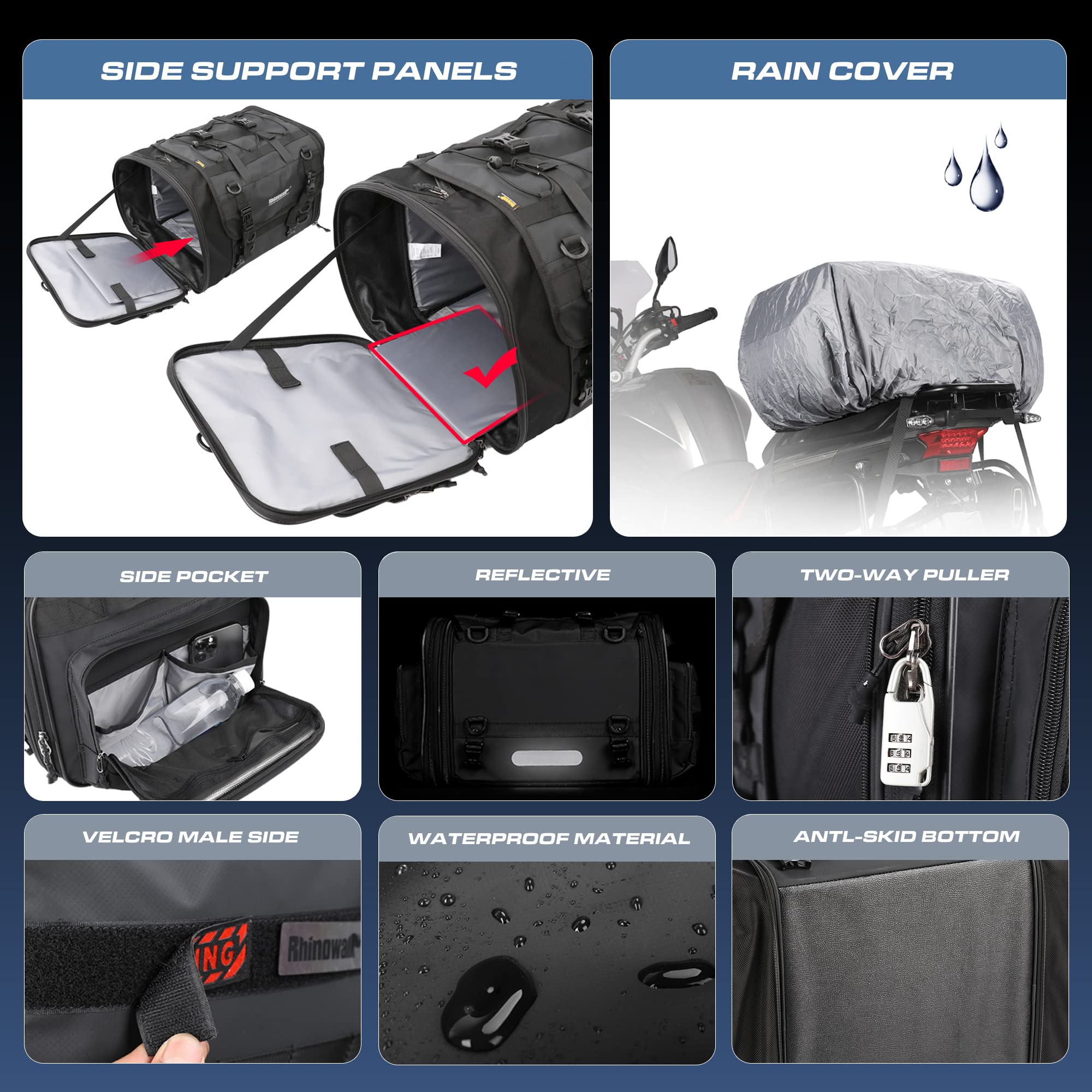 HUNTVP 40-60L Motorcycle Seat Bag Motorcycle Tail Bag Shoulder Bag Travel Luggage Bags Motorbike Rear Tack Truck Bag Storage Bag