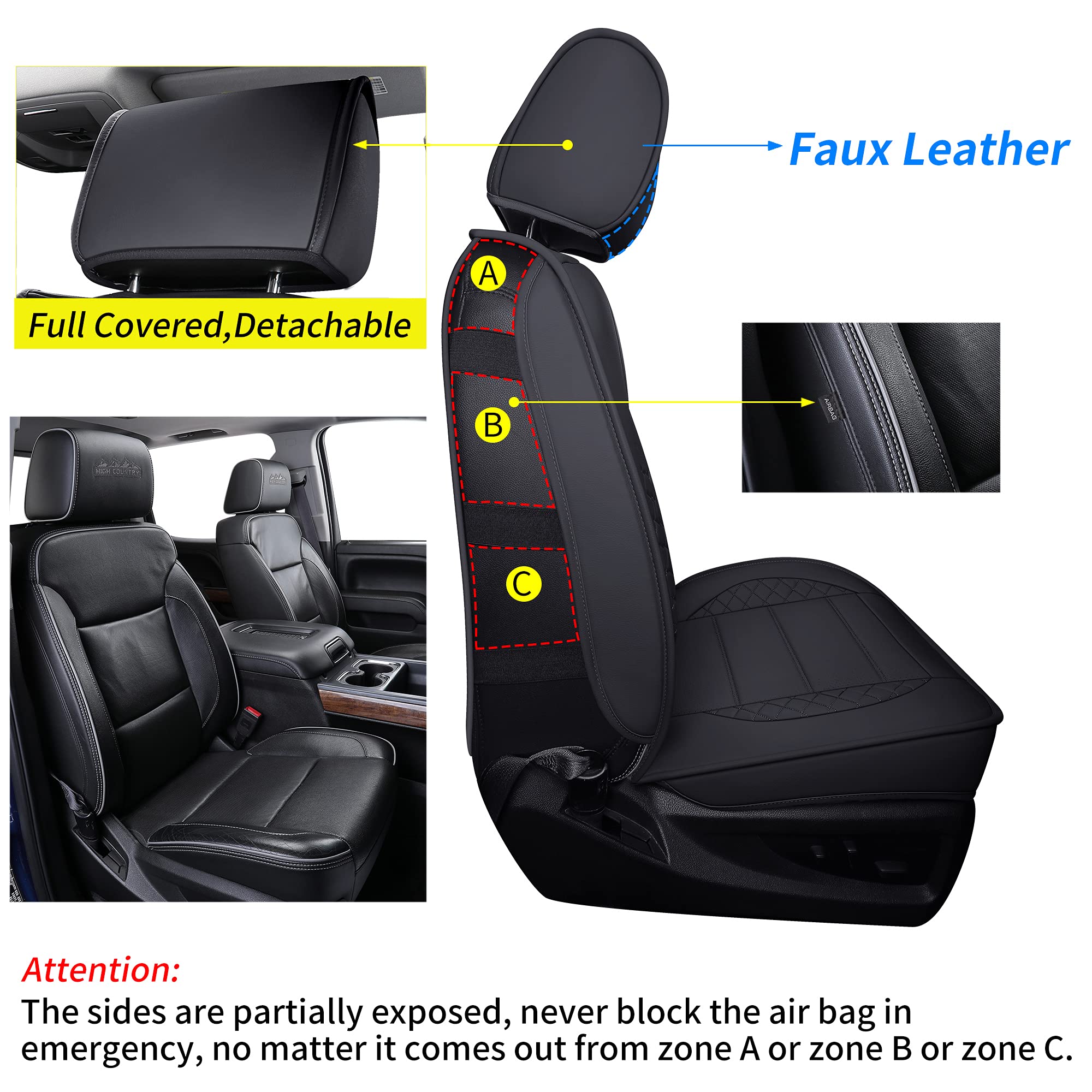 Luckyman Club D04-S2-2 Silverado Seat Covers, Fit For 2019-2023 Chevy Silverado Gmc Sierra 1500 And 2020-2023 2500Hd 3500Hd Crew Cab Water Proof Faux Leather With Center Console Cover(Full Set, Black)