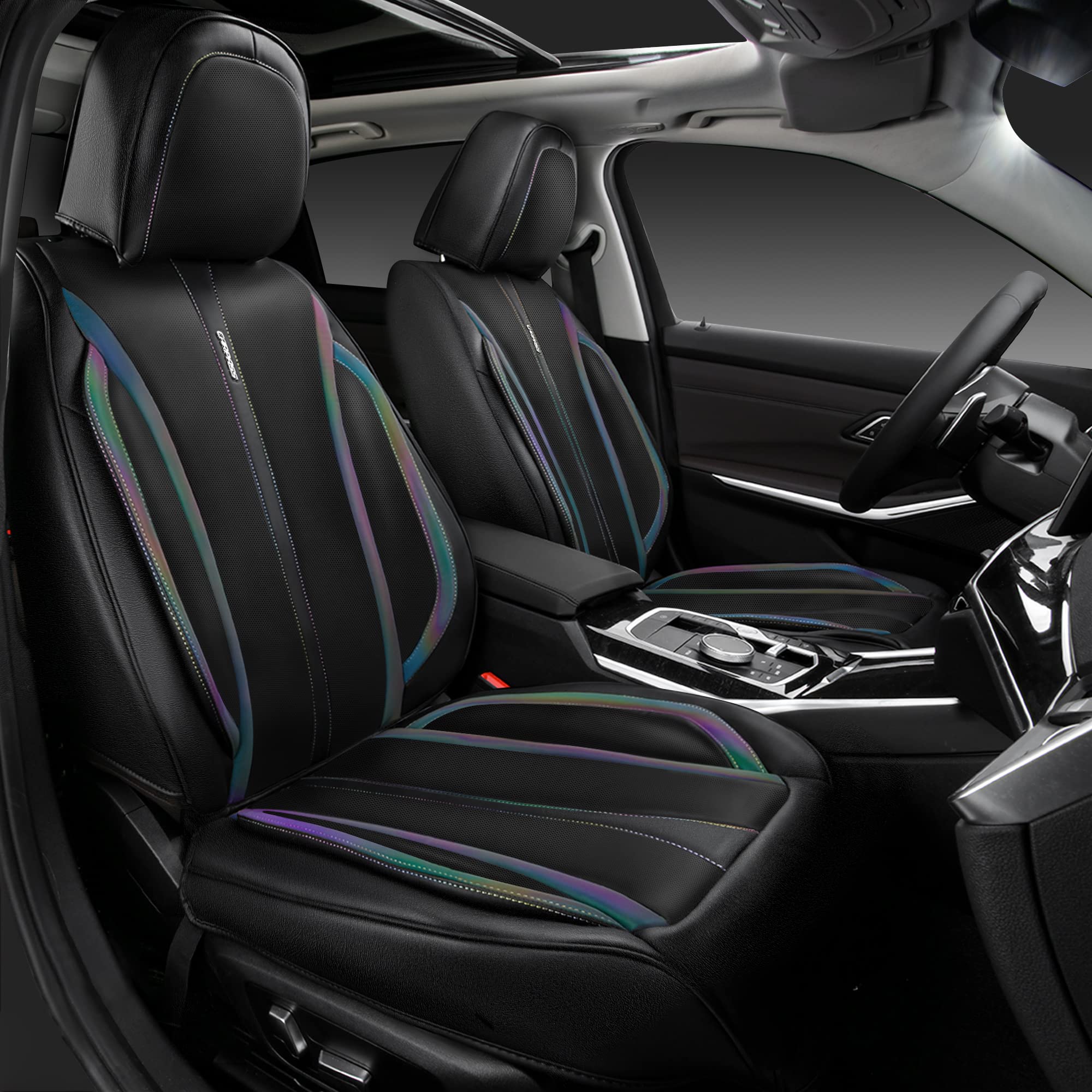 CAR PASS Nappa Leather Car Seat Covers, Full Set, Waterproof, Black Chameleon Iridescent, Model SJ005T2-LA0XC-PUQB5NH22G