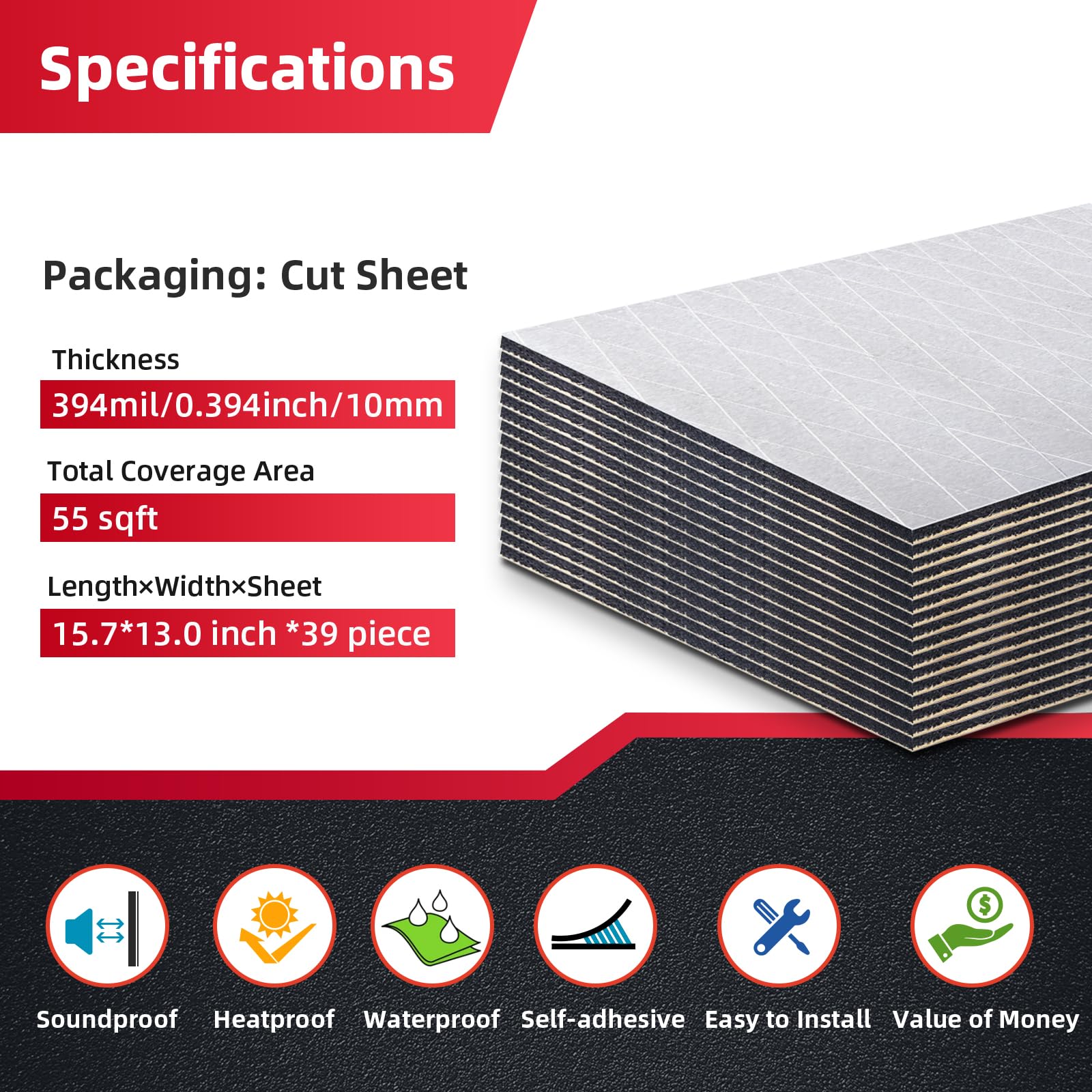 AggSound Sound Deadening Mat, 394mil (10mm), 55.41 sqft, Silvery, Model YY10LB55 - Automotive Noise Insulation and Vibration Dampening