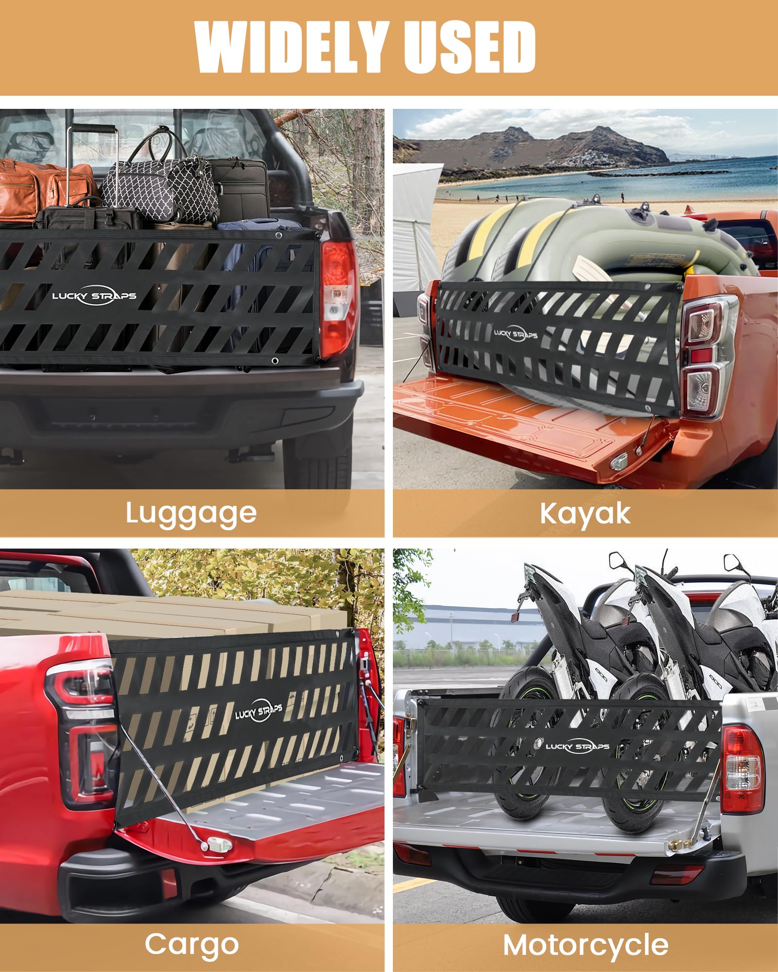 Lucky Straps Tailgate Net for Pickup Truck Bed, 60'' x 18'' Heavy Duty Cargo Netting for Full Size Truck, Easy-to-use Mesh for C