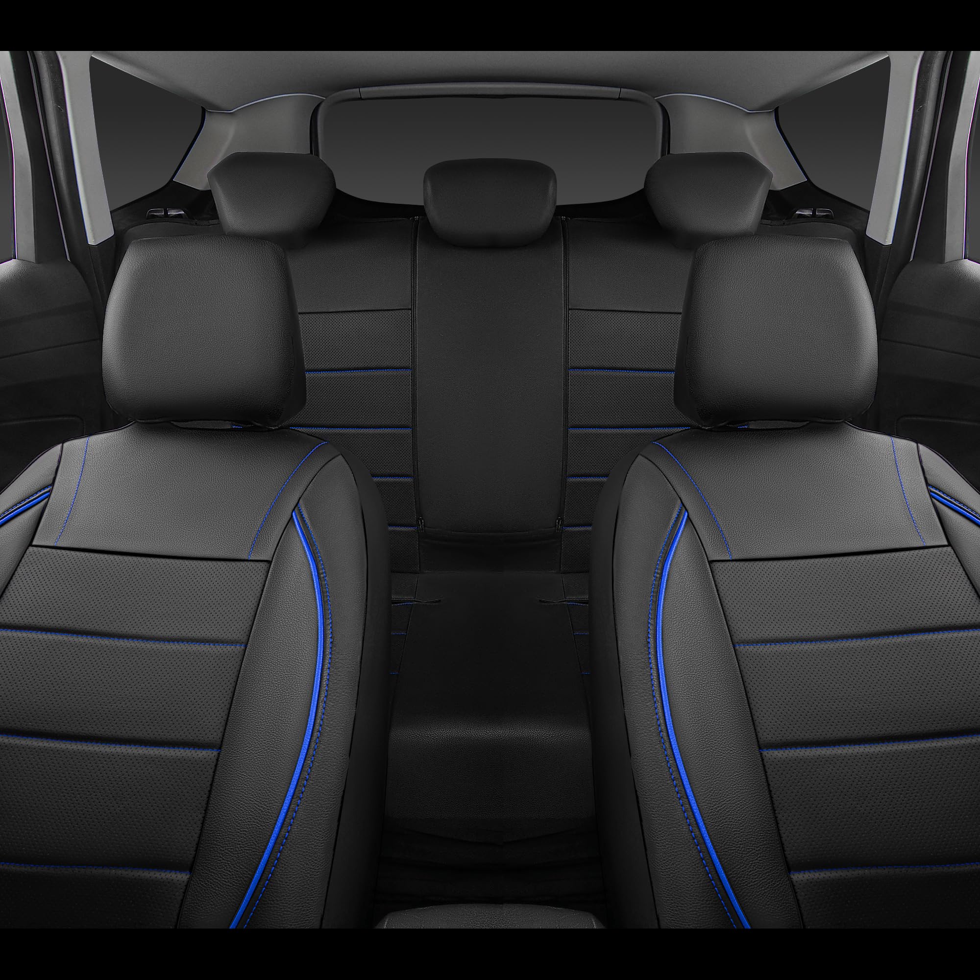 CAR PASS Universal Fit Leather Car Seat Covers, 11PCS, Airbag Compatible, Black and Blue, Inside Zipper Design