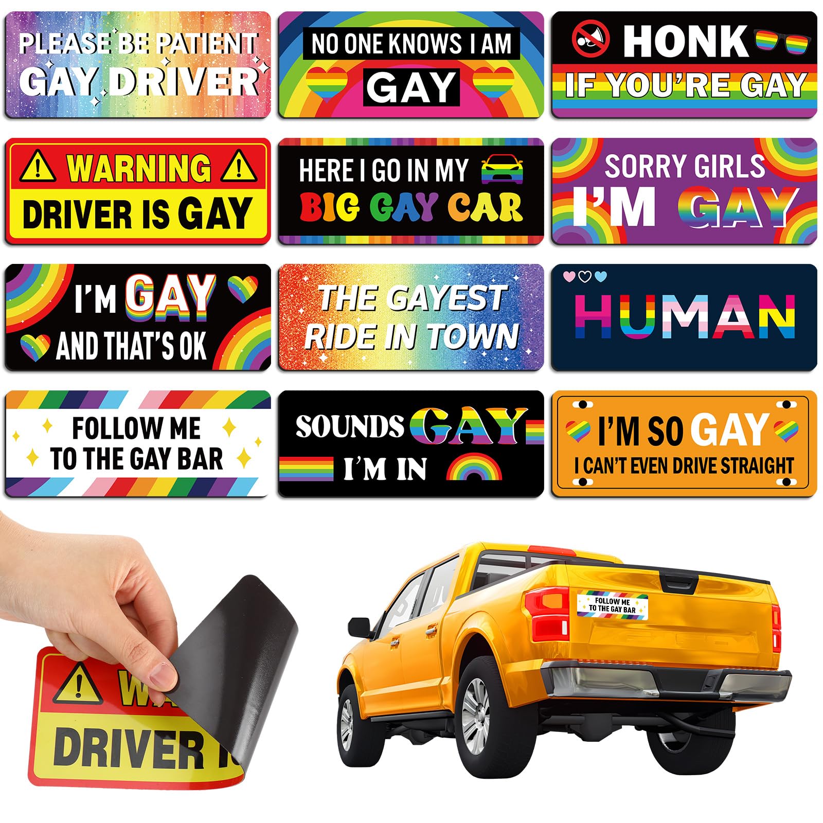 Avenuebool 12 Pcs Gay Pride Funny Magnet Bumper Sticker LGBT Rainbow Pride Prank Magnetic Sign for Vehicle Truck Reusable Magnet