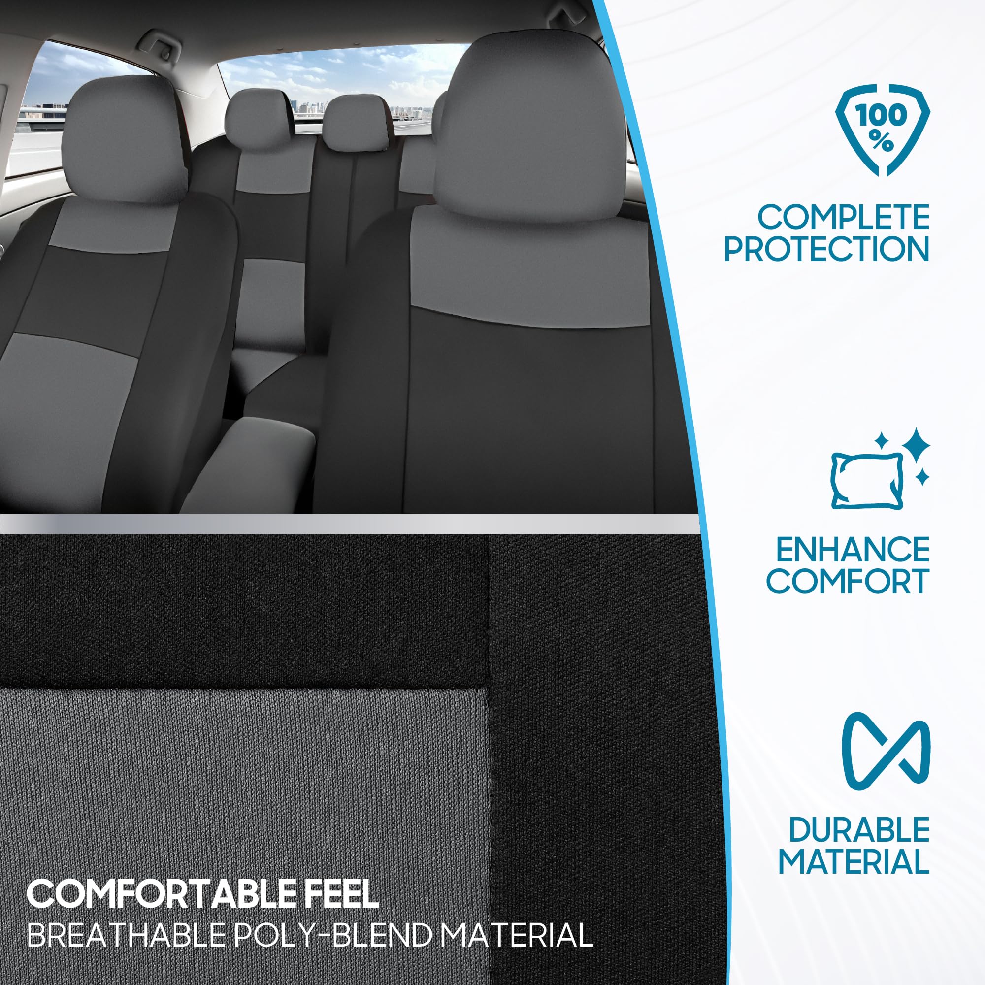 BDK PolyPro Car Seat Covers Full Set in Gray on Black, Front and Rear Split Bench Seat Covers for Cars, Easy to Install Car Seat