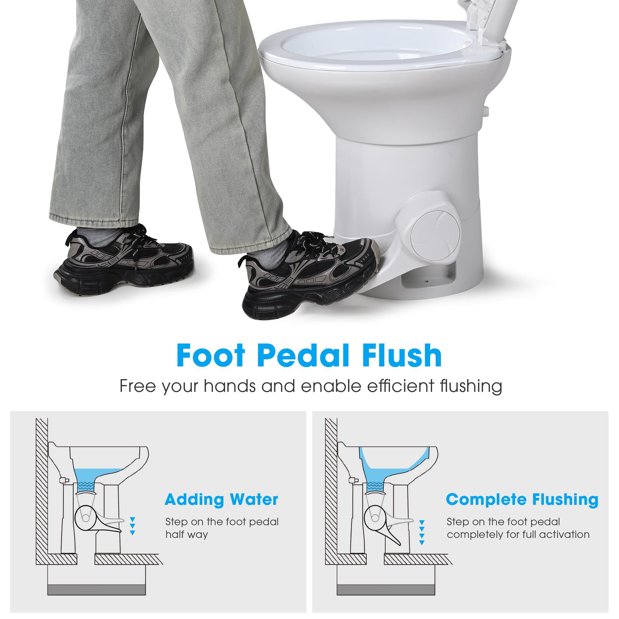 AW RV Toilet Elongated 20" High Profile Porcelain Enamel & HDPE Gravity Flush - White, Model 22GFT002-5704-0709-1