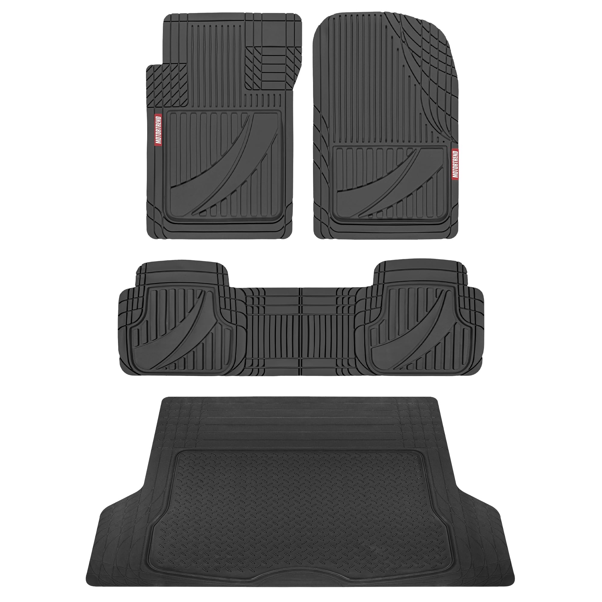 Motor Trend FlexTough Heavy Duty Rubber Black Car Floor Mats All Weather & Jumbo SUV Cargo Liner Full Set - Universal Trim to Fi