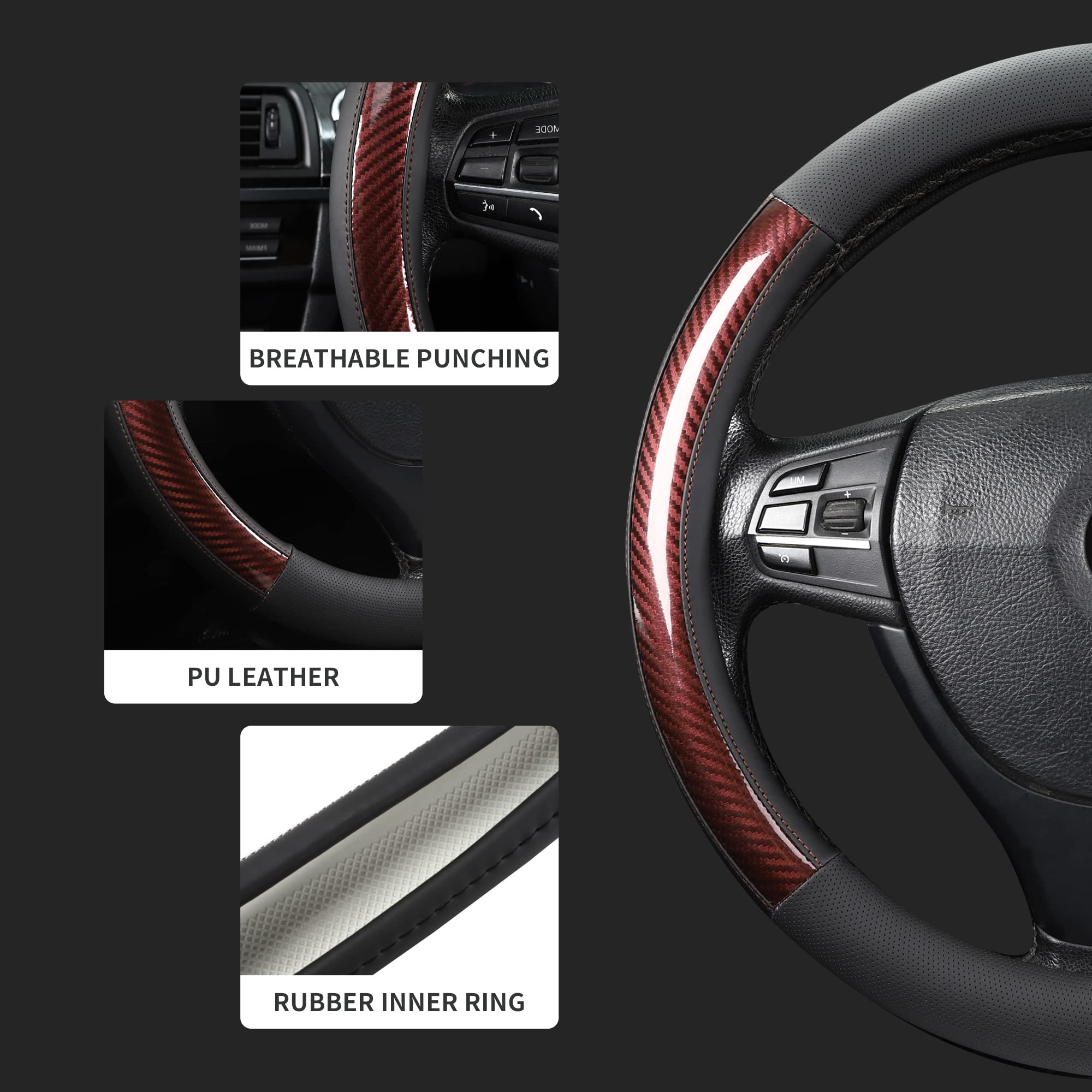 Tapha Microfiber Leather Steering Wheel Cover, 15" Universal Fit, Elastic, Nonslip, Black & Brown