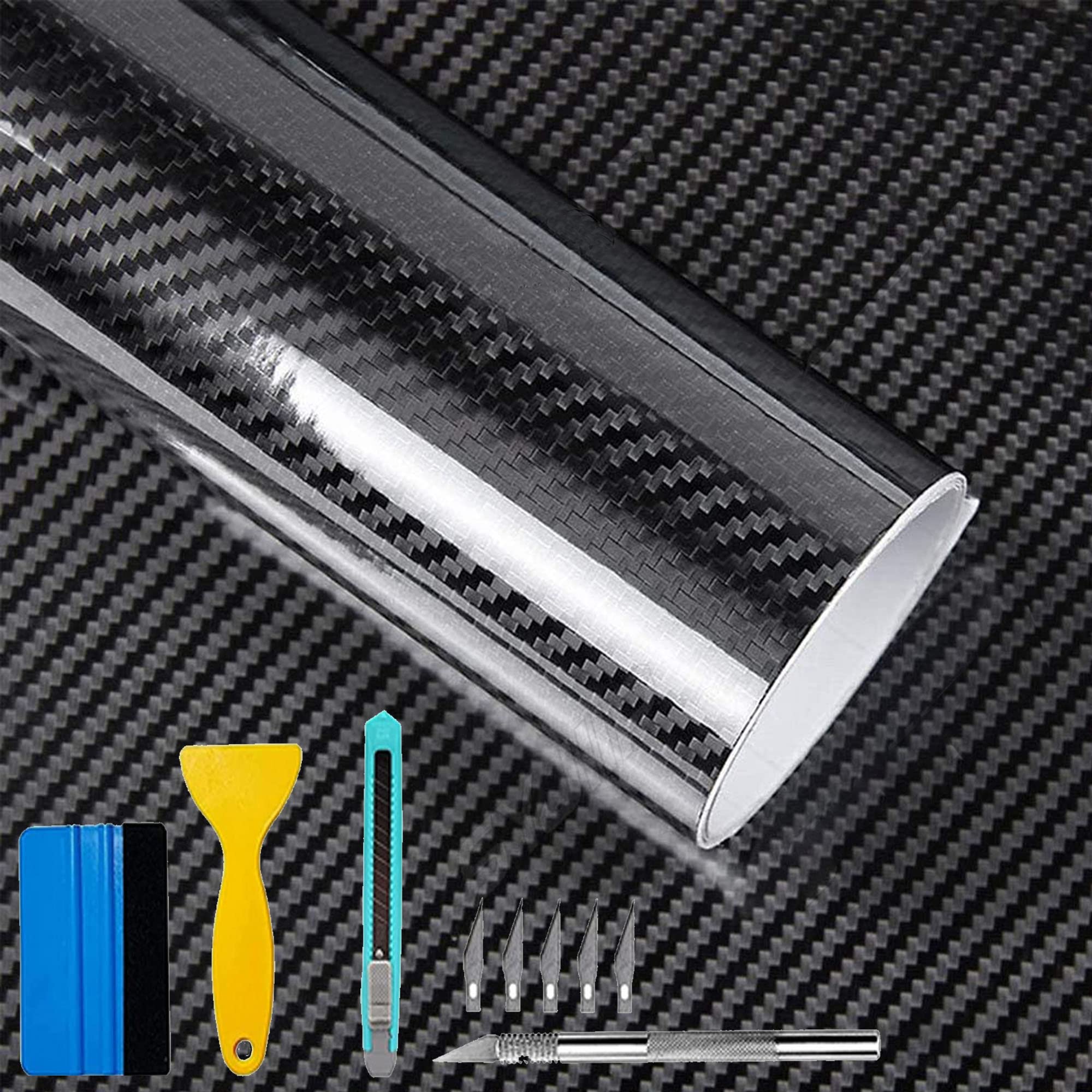 Lypumso 6D Black Carbon Fiber Vinyl Wrap Including Tool Kits, High Glossy Black Car Vinyl Film Roll, Air Release Technology Auto
