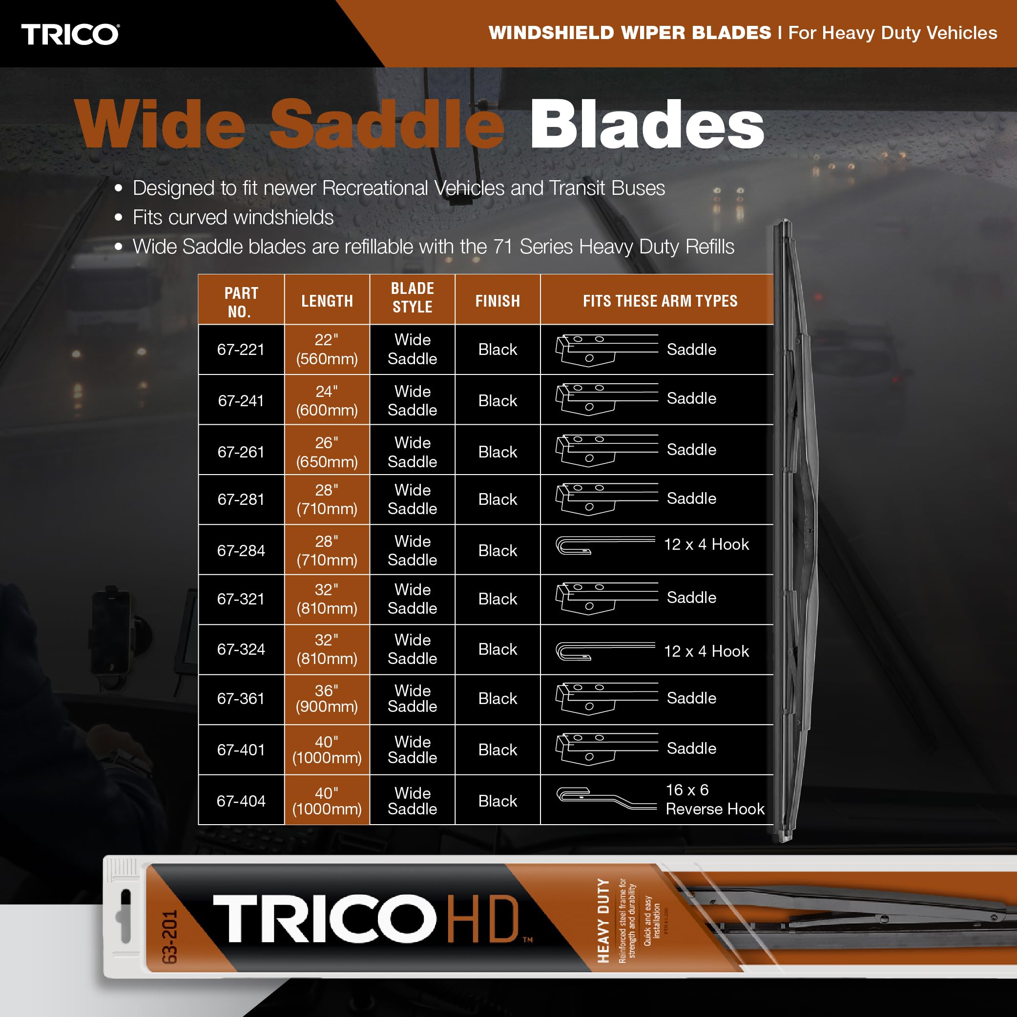 Trico 24 Inch 67 Series Heavy Duty Black Wide Saddle Wiper Blade For Curved Windshields, 1 Pack (67-241)