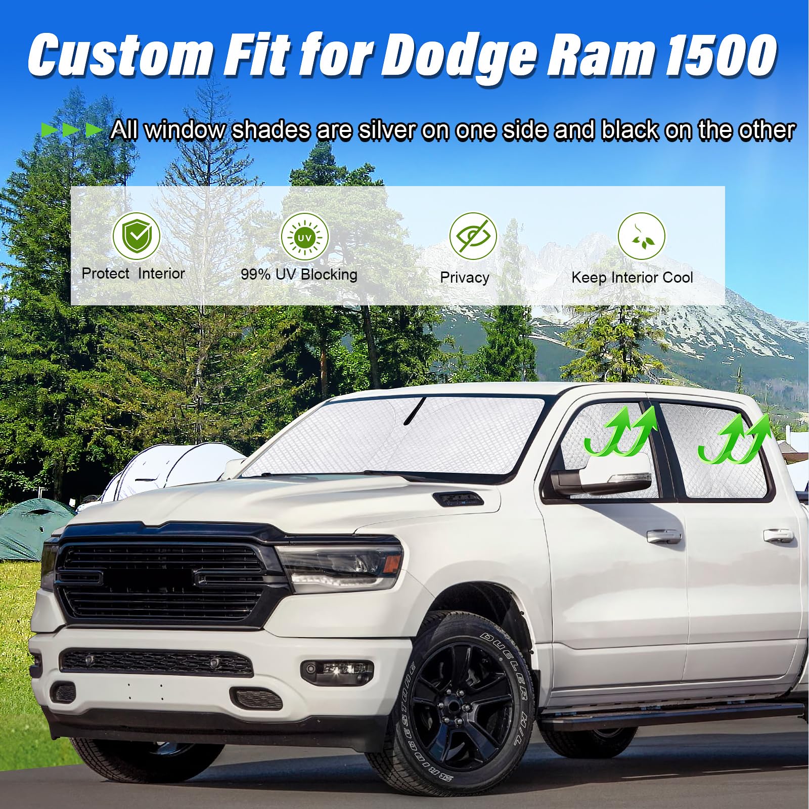 KMF 6pcs Full Window Sun Shades for Dodge Ram 1500 Crew Cab 2019-2025, Black Reflective Fabric UV Block Privacy Covers