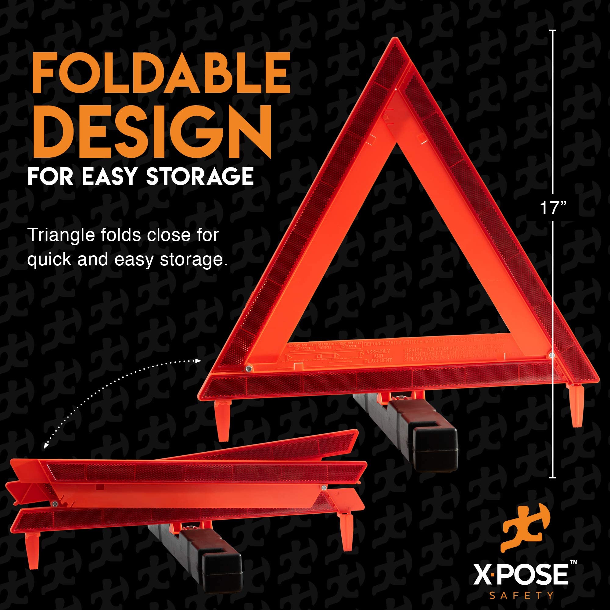 Xpose Safety Reflective Emergency Triangles 3 Pack - Roadside Car Safety and Warning Tool - DOT Approved Triangle Reflectors - R