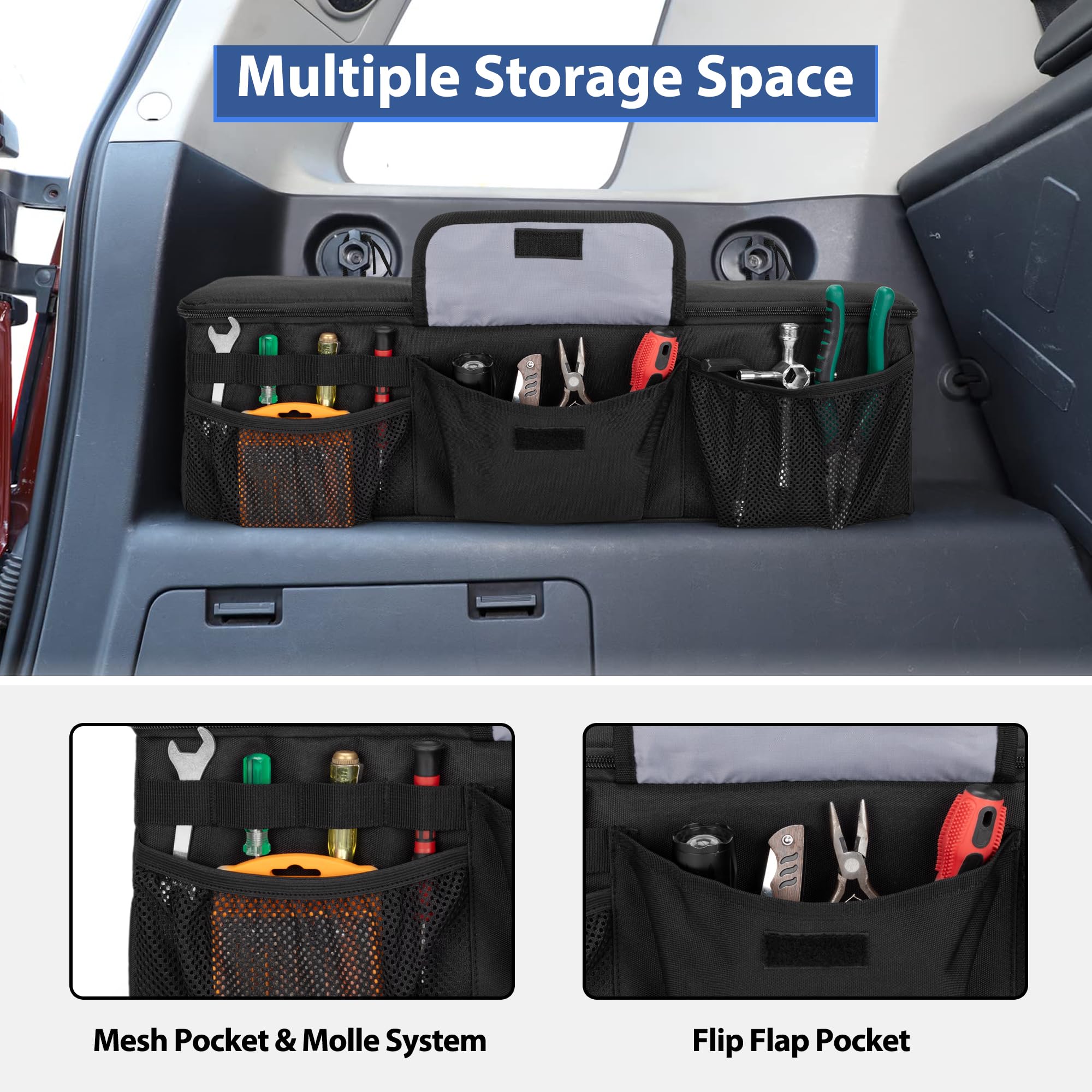 GRAOSO Car Trunk Organizer for Toyota FJ Cruiser 2007-2021, Black Nylon with Adjustable Loops & Multi Pockets, Model CAGS01501