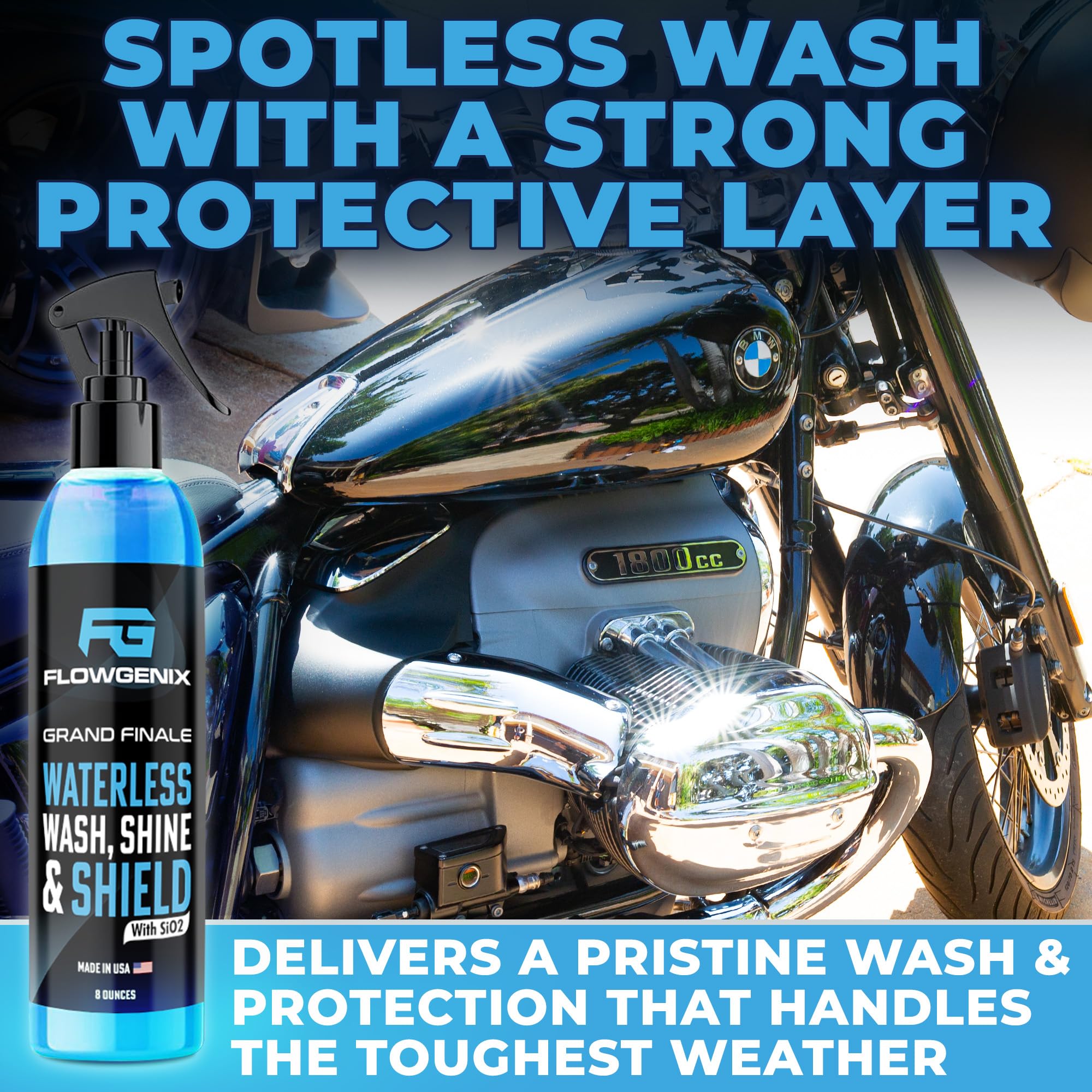 Flowgenix Waterless Car Wash Spray - Grand Finale - Motorcycle Cleaner & Car Wax Spray Polish (8 Oz) - Ceramic Coating - Incl. 2