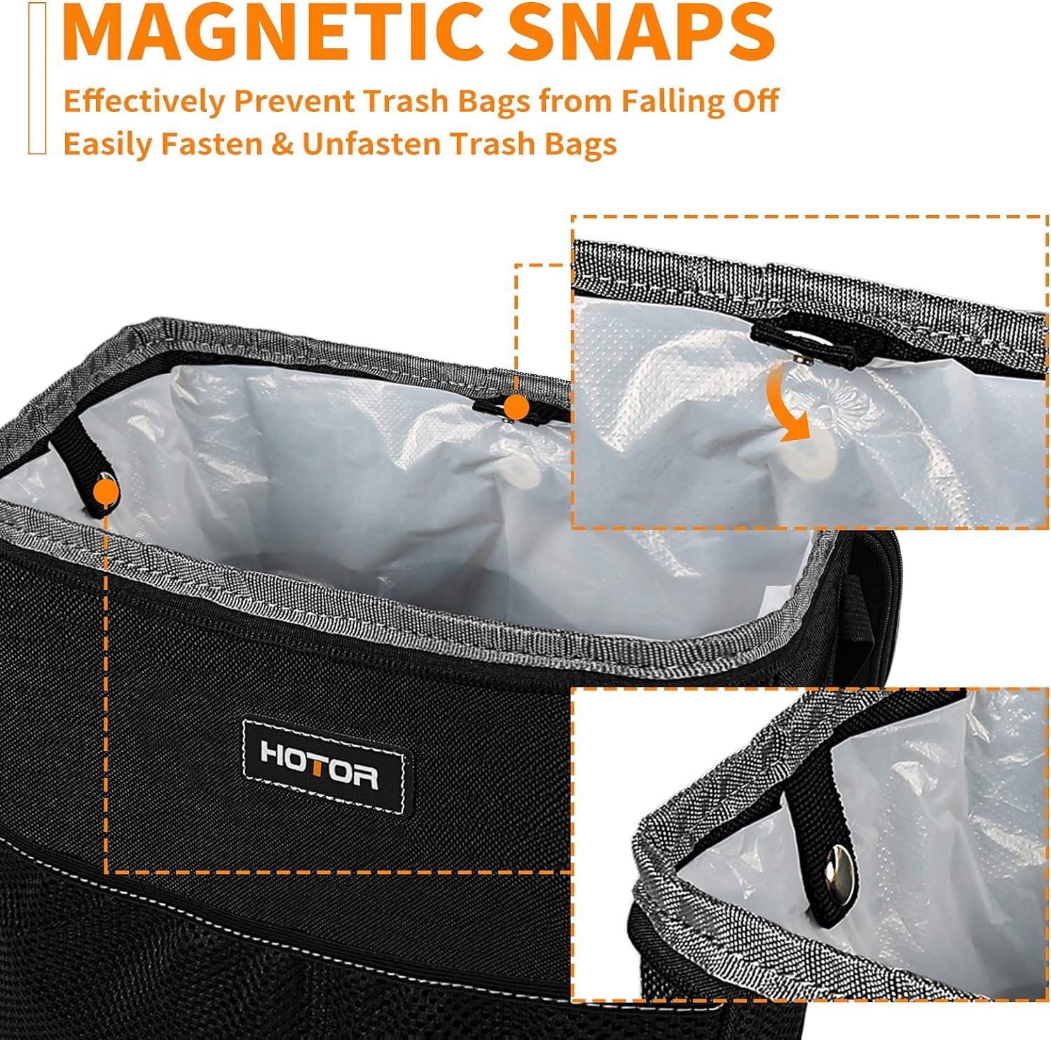 HOTOR Car Trash Can - 3 Gallons, Waterproof Nylon Organizer, Adjustable Straps, Black, Model A000138BL-L