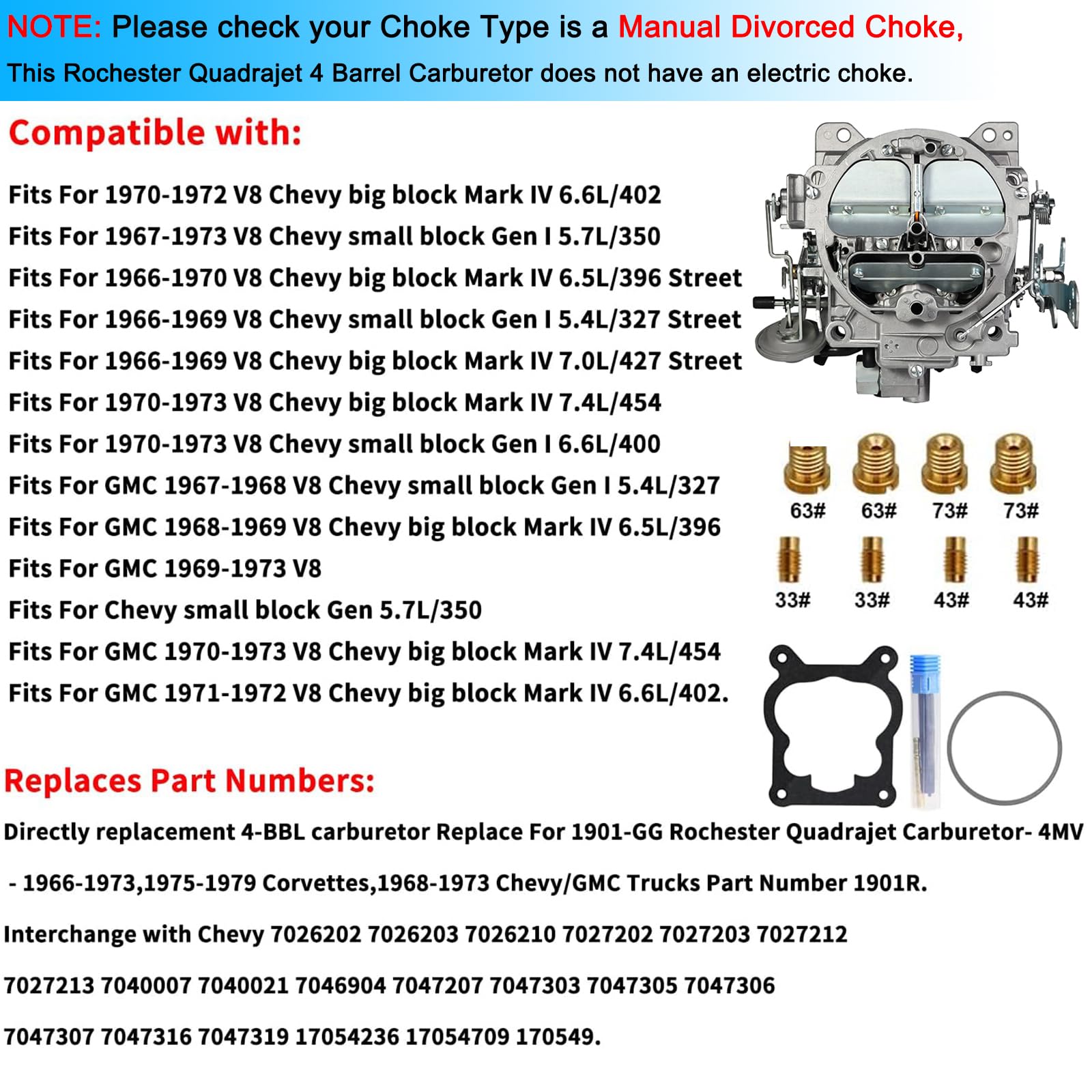 4 Barrel Carburetor For 1901R Rochester Quadrajet 4Mv Chevy 327 350 427 454 Engine Car And Chevrolet Gmc Trucks 1966-1973, Replace Corvettes 1975-1979 750Cm Carb W/Manual Divorced Choke 1901-Gg 4-Bbl