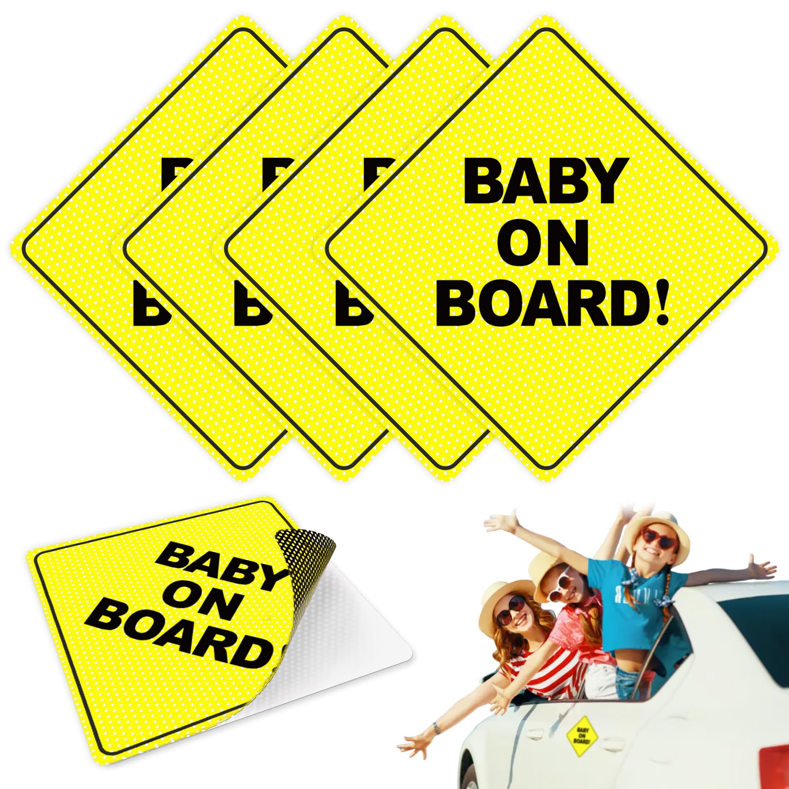 Baby On Board Signs for Car, 4 Pack - Baby On Board Sticker, Car Essentials, Best Kids Safety Signs, 5 By 5 - Bright Yellow and 