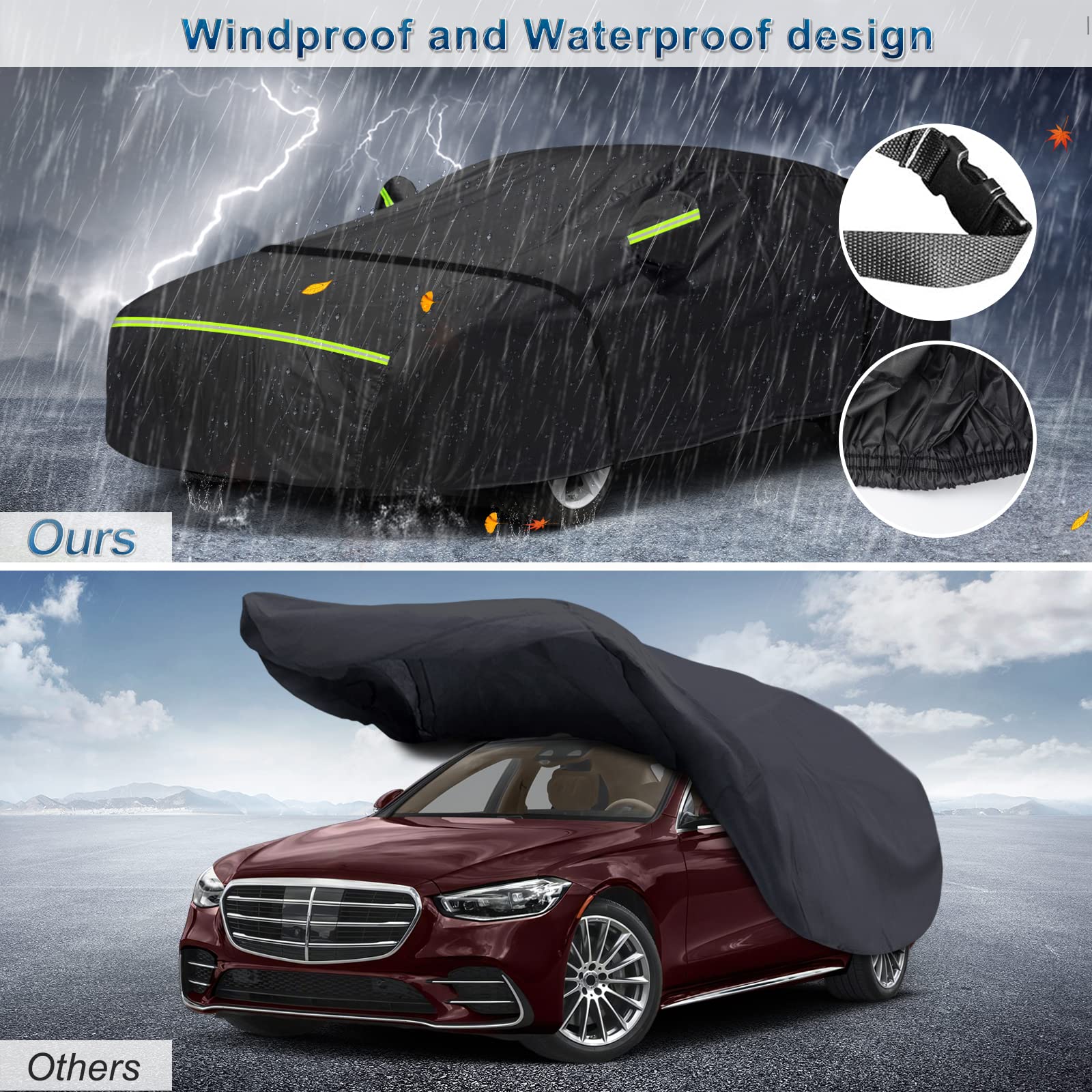 BIGACOVER Waterproof Car Cover for Mercedes Benz S-Class 2006-2023, Heavy Duty, Black, Polyester, Windproof with Driver Side Zipper
