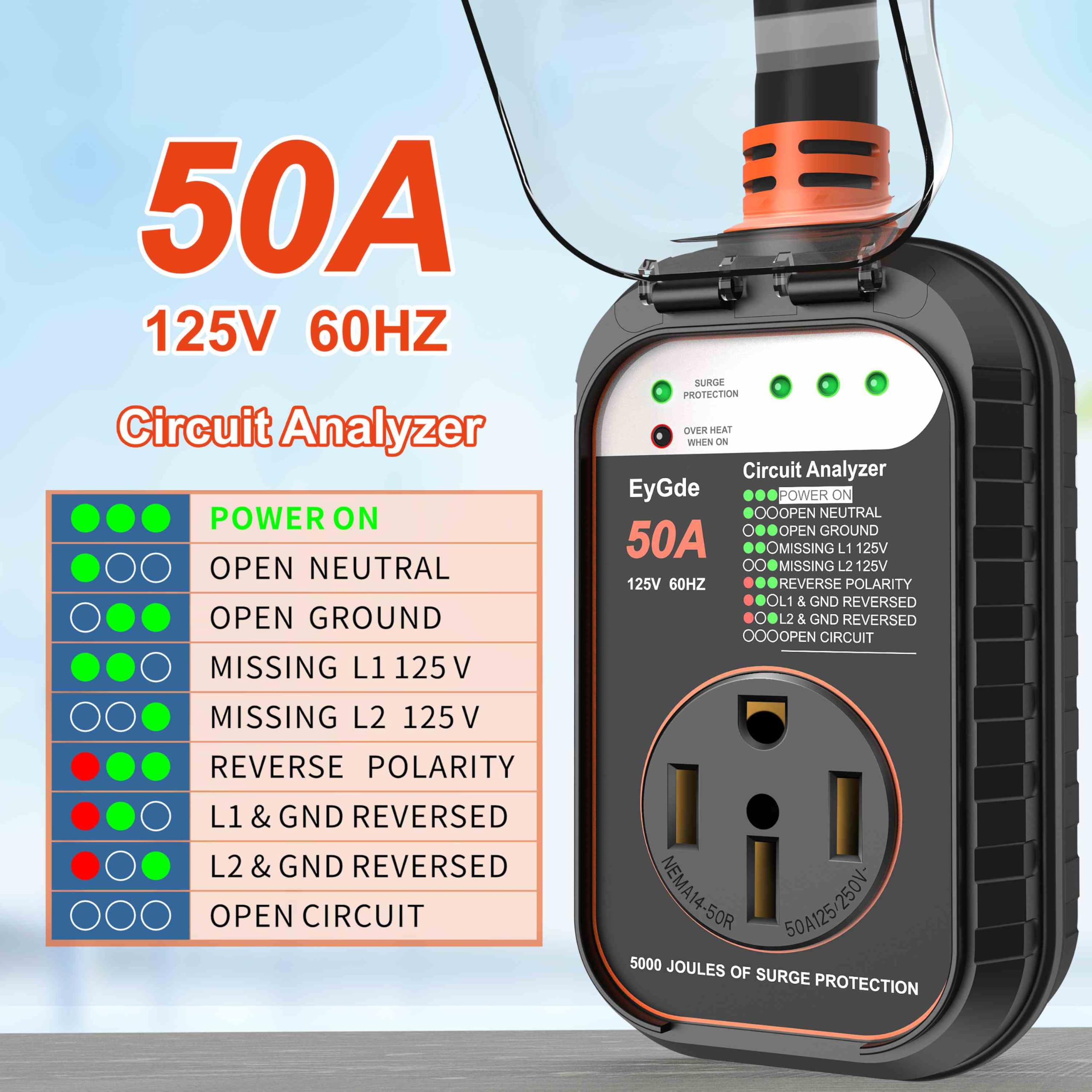 EyGde 50 Amp RV Surge Protector with Waterproof Cover - Power Voltage Protection Guard for Campers, Model FC-04, Color: 50Amp-Orange