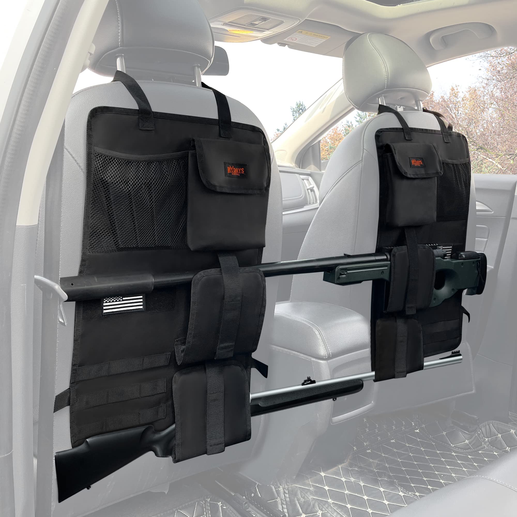 Mydays 2 Pack Tactical Seat Back Gun Rack, Camo Front Seat Gun Organizer With Molle Panel Vehicle Gun Holder For Hunting Rifles/Shotguns (Black)