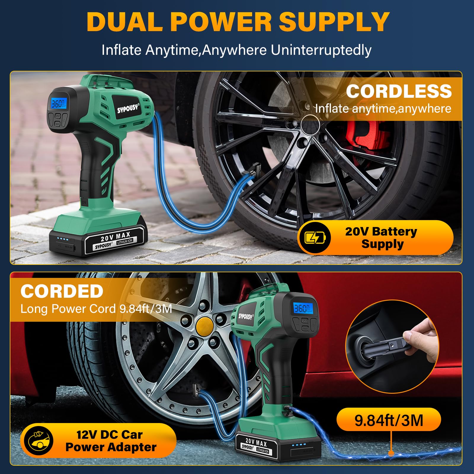 Tire Inflator Portable Air Compressor,Digital Cordless Tire Inflator,2X Faster Car Tire Pump with 20V Rechargeable Battery,Dual