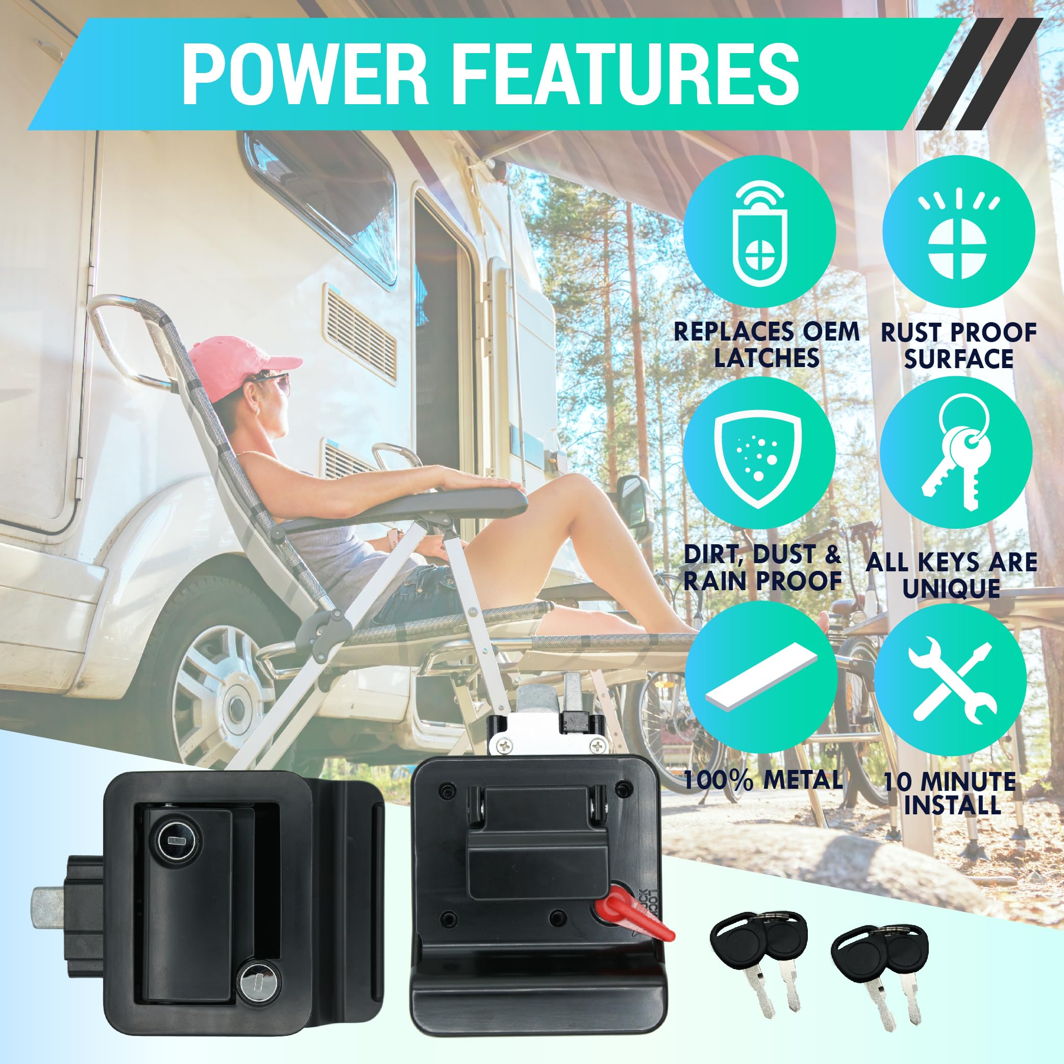 LATCH.IT Black RV Door Latch - 2 Keyed Alike Metal Locks for Travel Trailers, Easy to Install, Includes 4 Keys