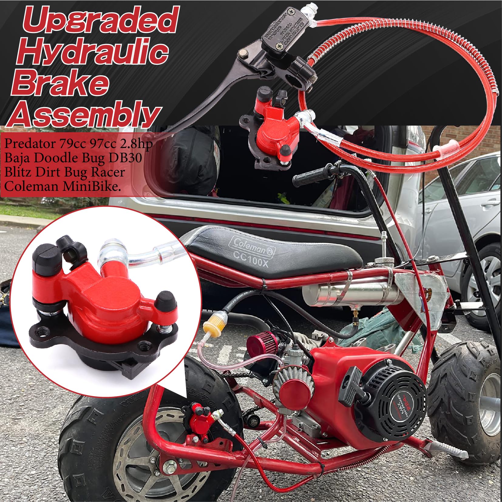 Ruikarhop Hydraulic Mini Bike Brake Kit for 7/8" Handlebars - Red, Compatible with Predator 79cc 97cc Baja Doodle Bug DB30 Racer
