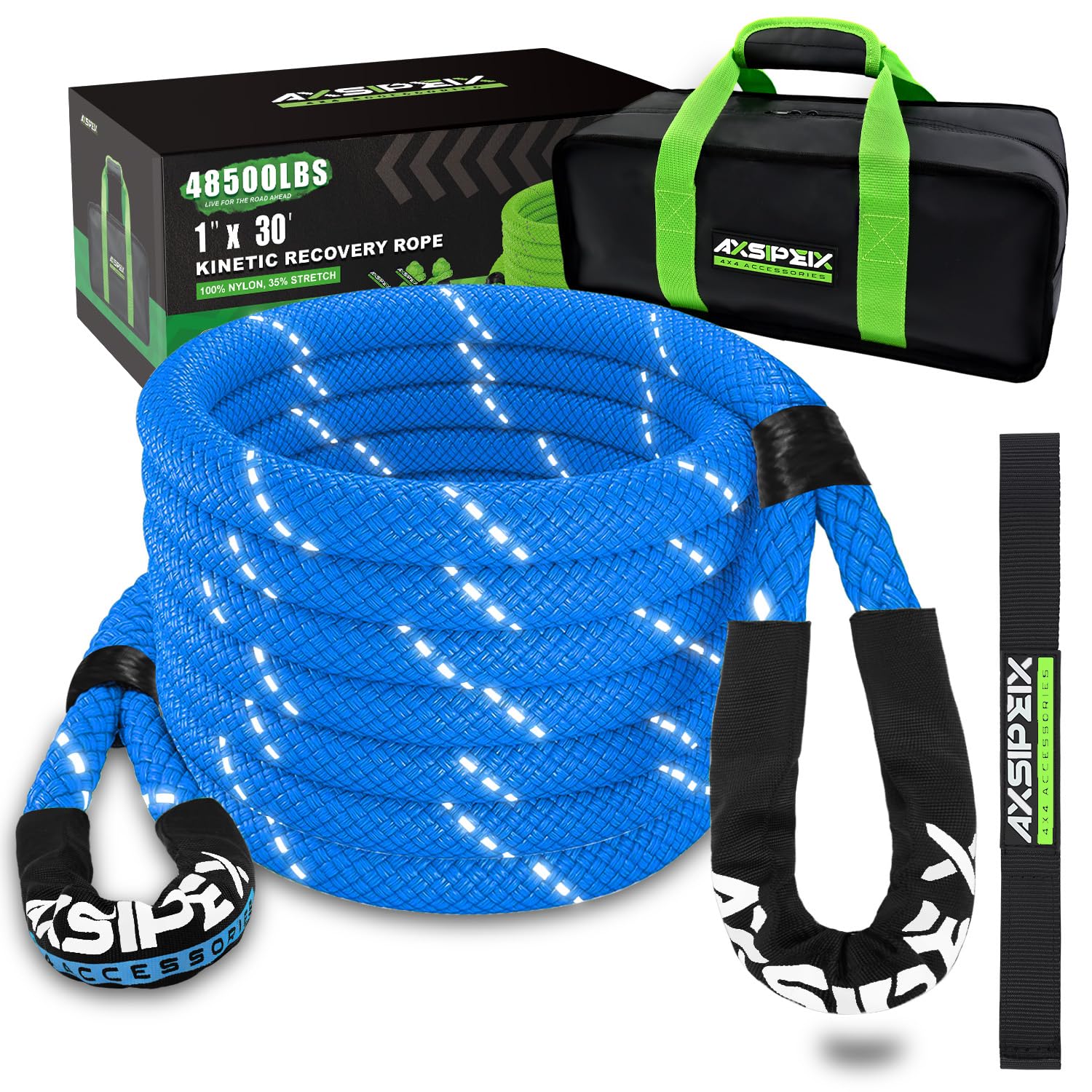 Axsipeix 1''  30Ft Kinetic Recovery Rope (48,500Lbs) Heavy Duty Offroad Kinetic Rope For Utv, Atv, Truck, Car (Blue)