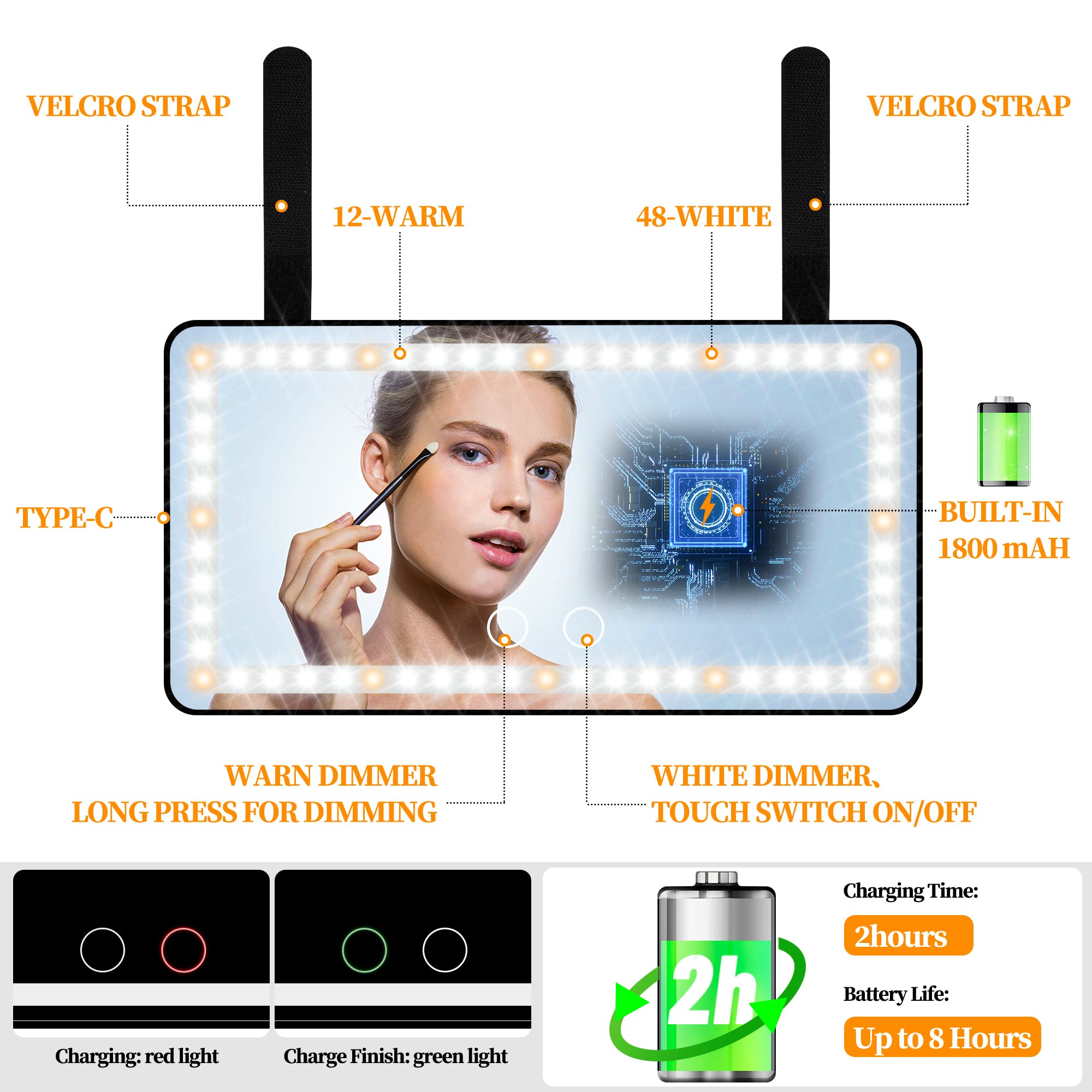 Car Sun Visor Vanity Mirror: Rechargeable Led Makeup Mirror with 3 Light Modes & Dimmable Touch Screen - Car Mirror Accessories