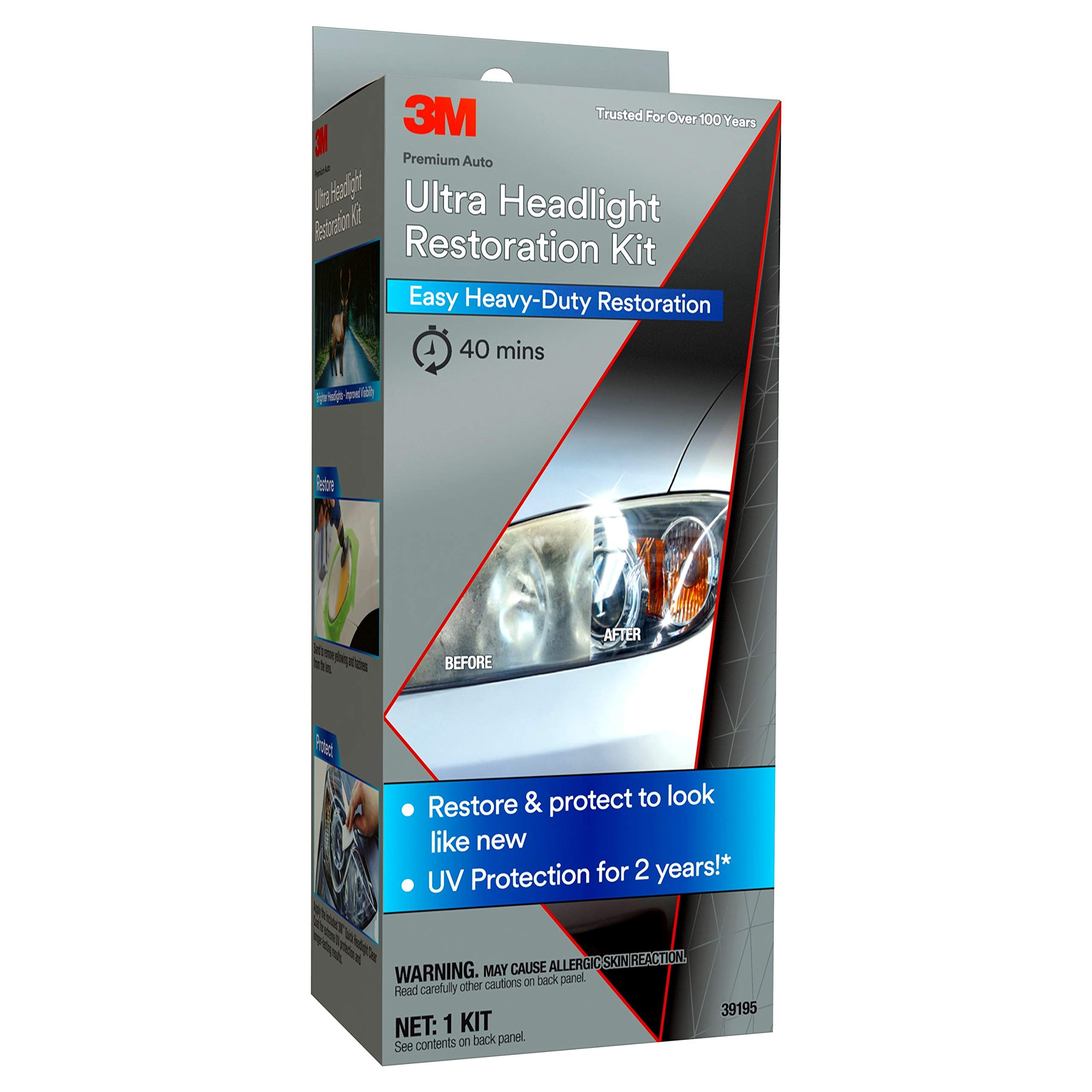 3M Ultra Headlight Restoration Kit - Includes Masking Tape, Sanding Discs, and Wax Protectant - Model 39195 - Heavy-Duty, Gray
