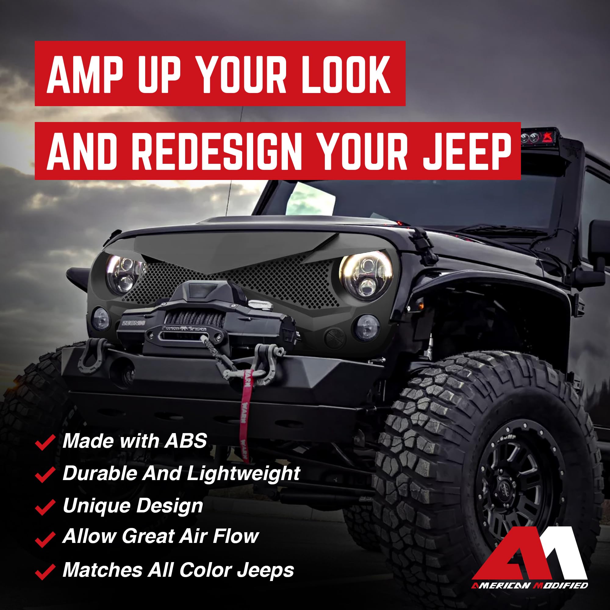 AM AMERICAN MODIFIED Hawke Front Grille Cover for Jeep Wrangler JK/JKU 2007-2018, Matte Black, Durable Plastic, Model AMJPAA00114