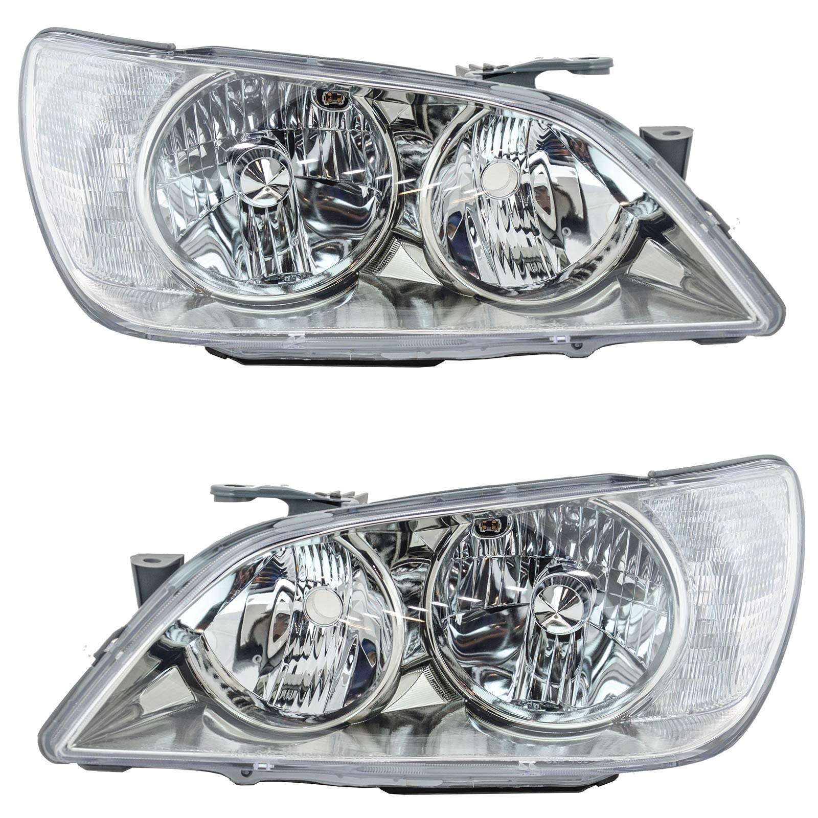 TRQ Headlight Assembly Set, Chrome Bezel, Driver & Passenger Side, Lexus IS300 2001-2005, White with Clear Lens, Model HLA88334