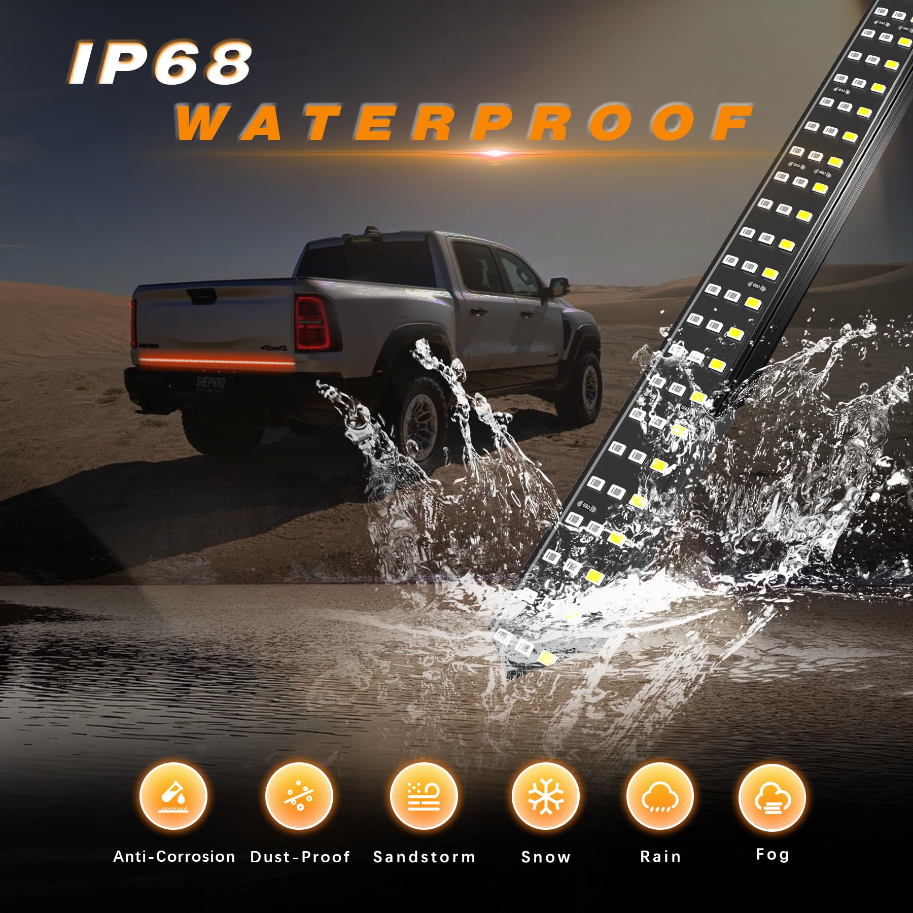 AMEXMART Tailgate Light Bar - 48"/49" Aluminum Triple Row LED Strip, Amber Turn Signal, Red Brake, White Reverse, Model Tailgate-bar-P