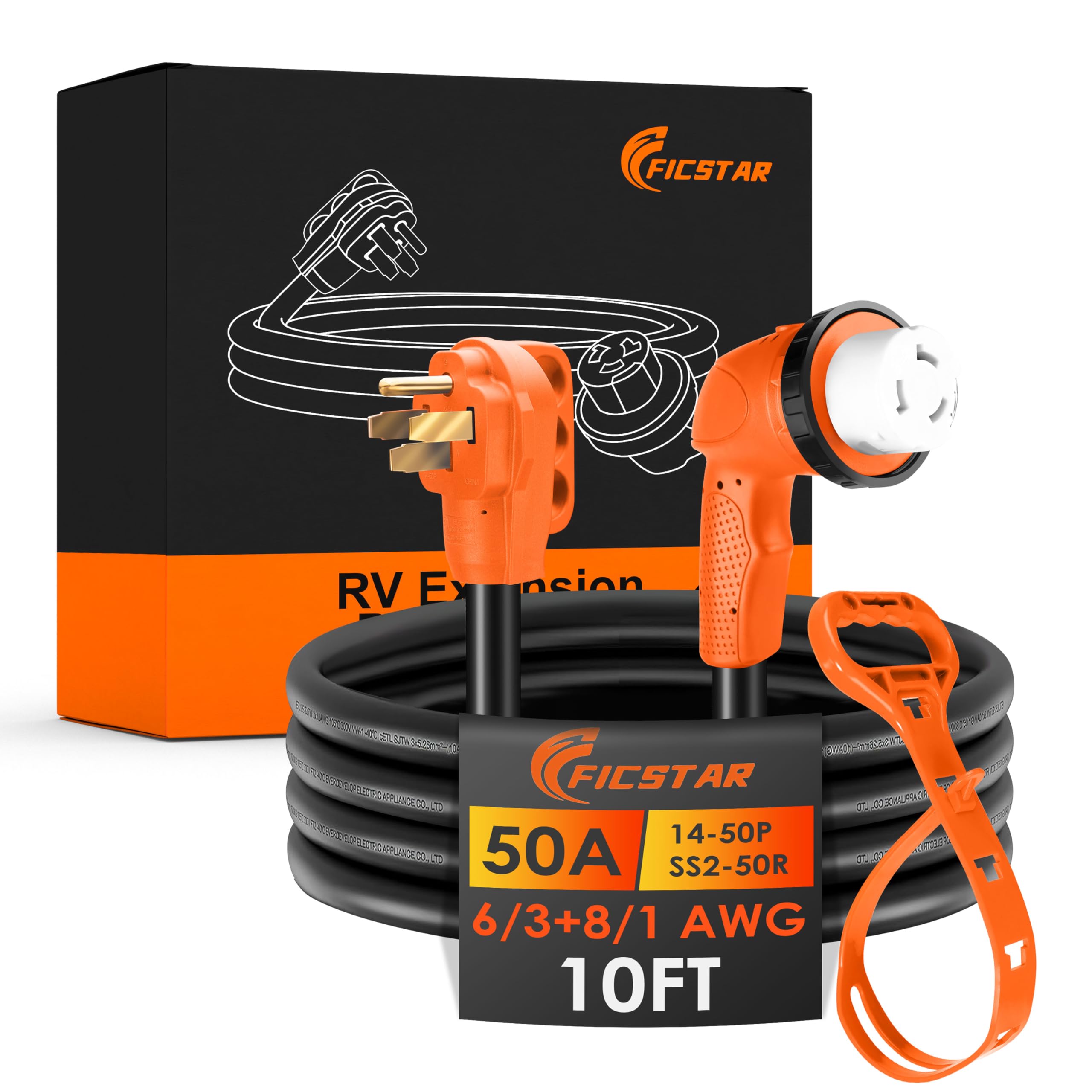 Ficstar 50 Amp RV Extension Cord 10 ft, Heavy Duty 6/3+8/1 SJTW AWG RV Power Cord with Grip Handle Twist Lock, NEMA 14-50P to SS