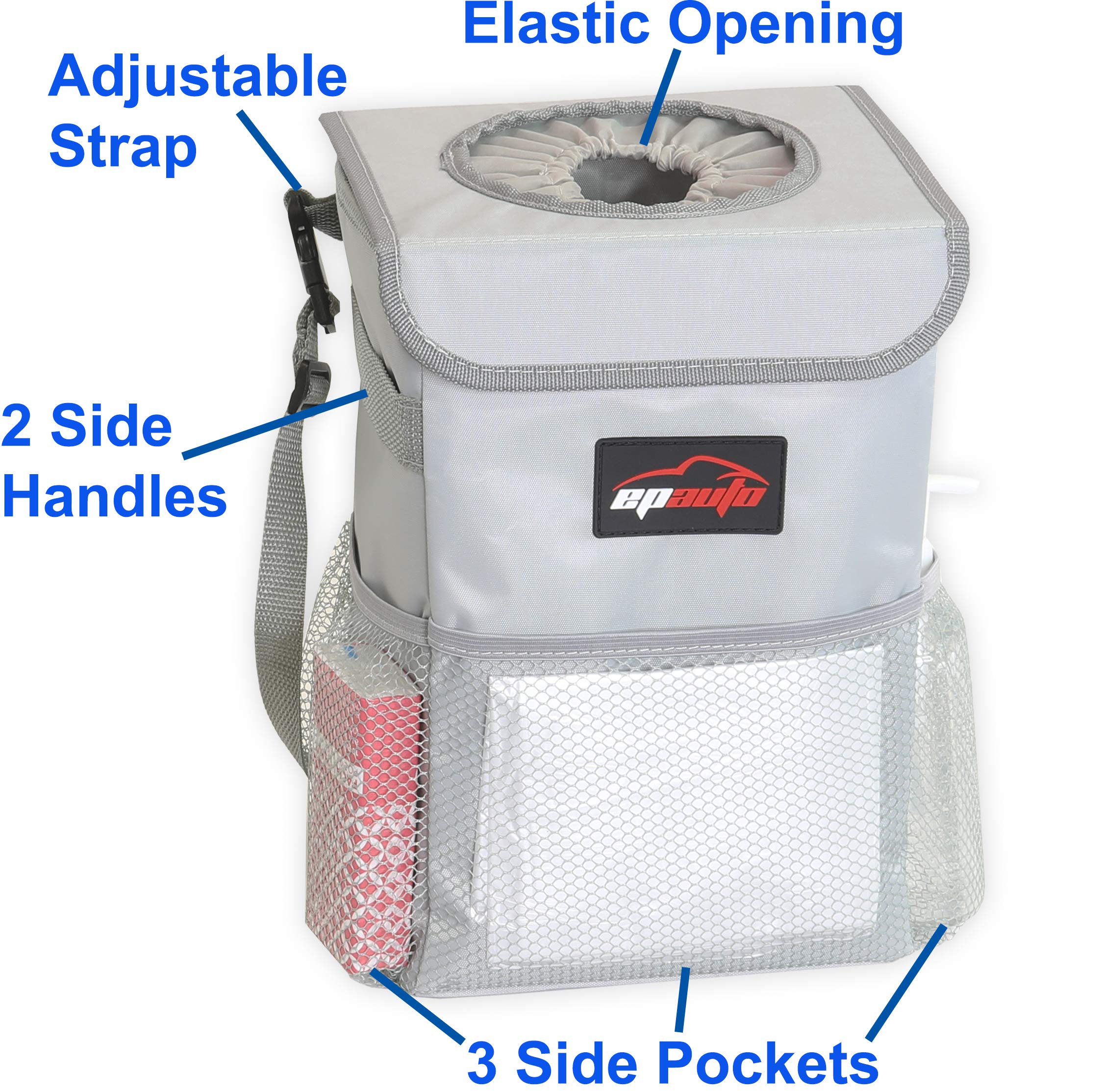 Epauto Waterproof Car Trash Can With Lid And Storage Pockets, Grey