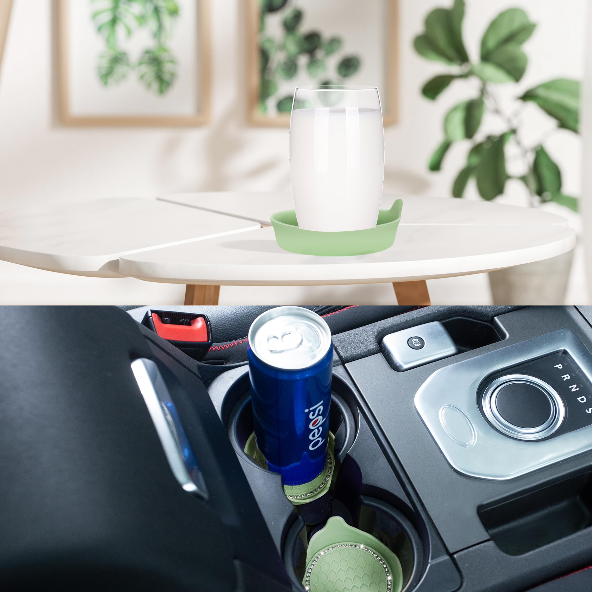 Amooca Car Cup Coaster Universal Non-Slip Cup Holders Bling Crystal Rhinestone Car Interior Accessories 4 Pack Tea Green
