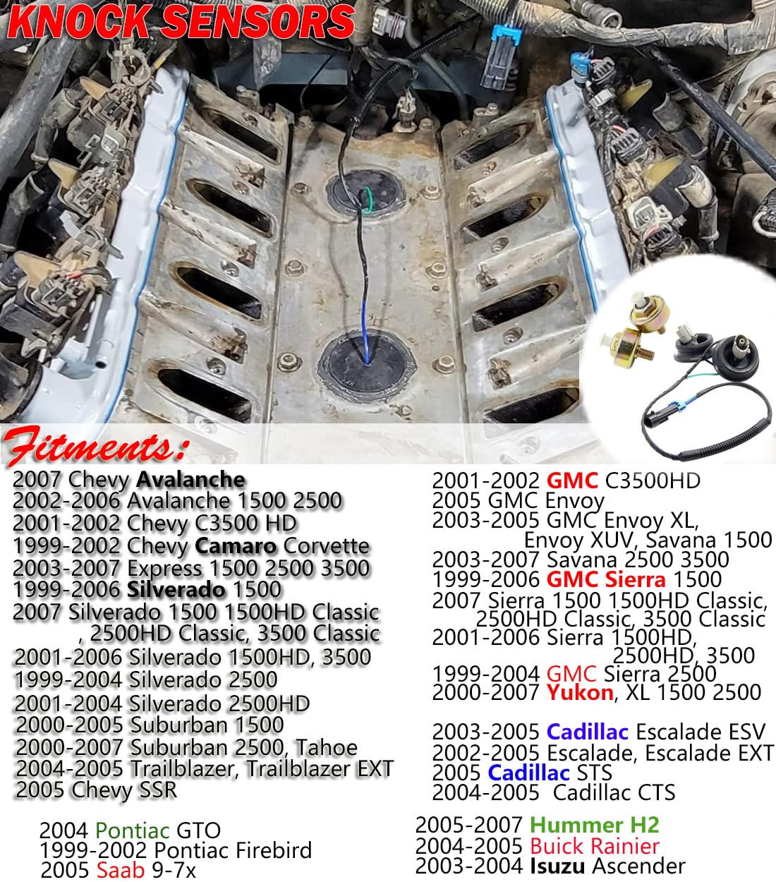 Knock Sensor Wiring Harness For Chevy Suburban Silverado Avalanche Tahoe Gmc Sierra Yukon Cadillac & More Gm Vehicles, Replace#