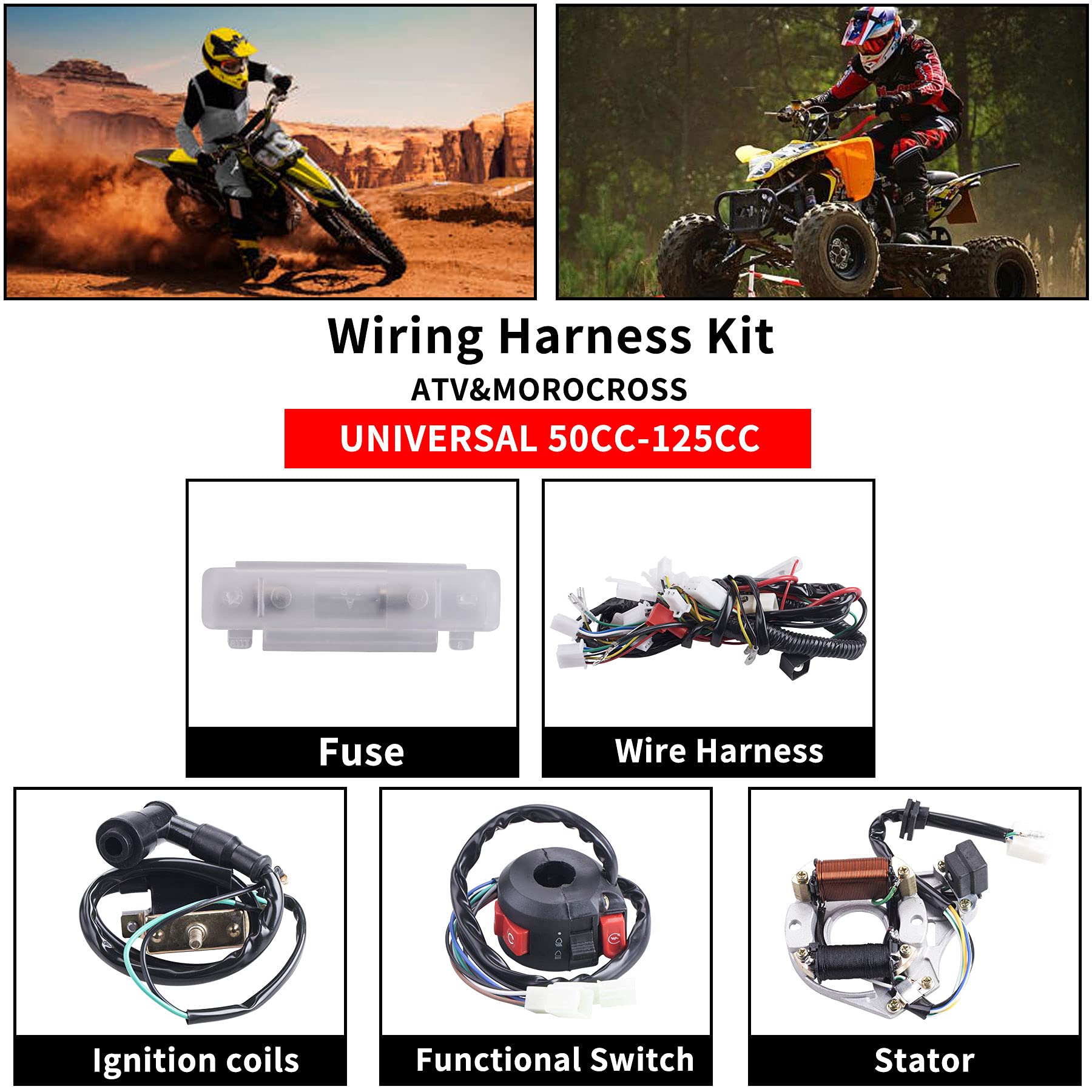 Complete Electrics Wiring Harness Relay Stator Coil CDI Solenoid Spark Plug for 4 Wheelers Stroke ATV (50cc 70cc 110cc 125cc) Pi
