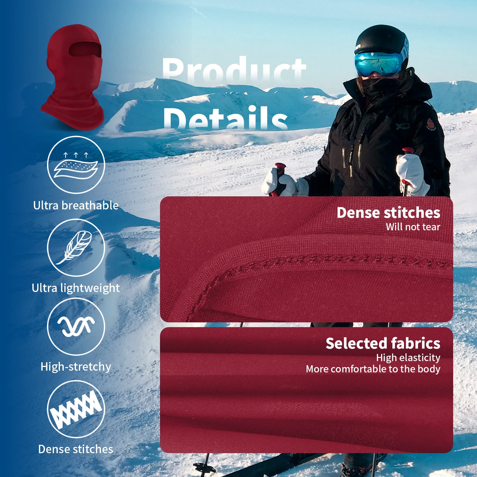 Yeslife Red Ski Mask, Balaclava Face Mask For Men And Women - Skiing, Snowboarding, Motorcycle, Uv Protection & Wind Protection