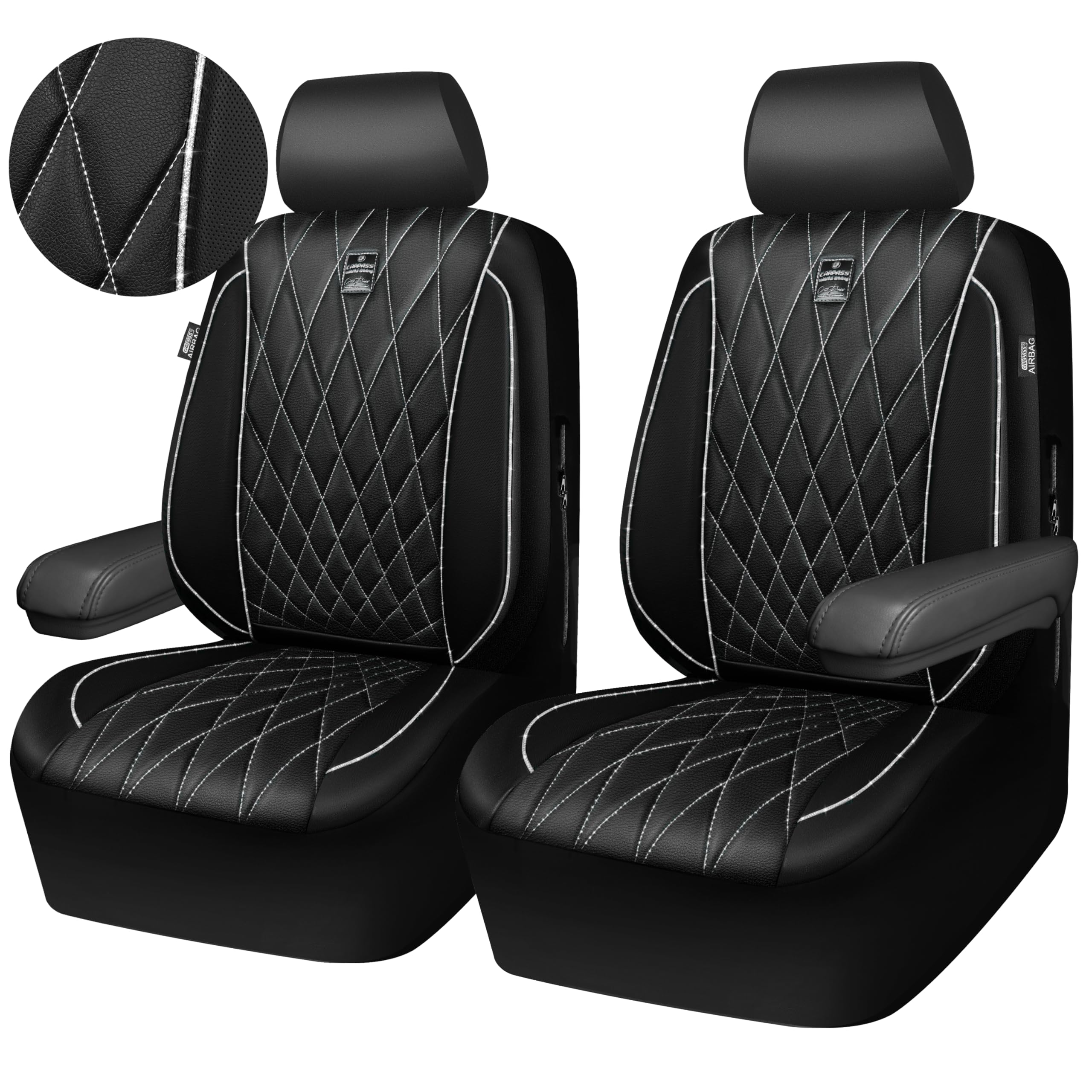 Car Pass Piping Luxury Leather Two Front Car Seat Covers,Silver Glitter Waterproof Seat Cover Compatible With Front Seat Armrest