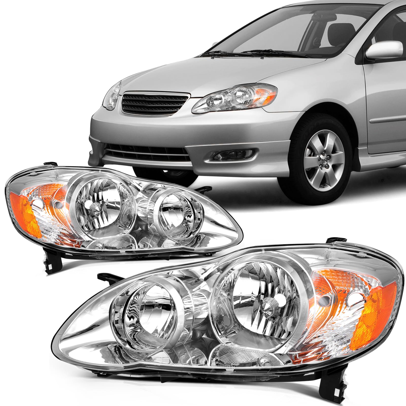 SCITOO Headlight Assembly Fits For Toyota Corolla 2003-2008 headlamp in Chrome Housing Amber Reflector Clear Lens