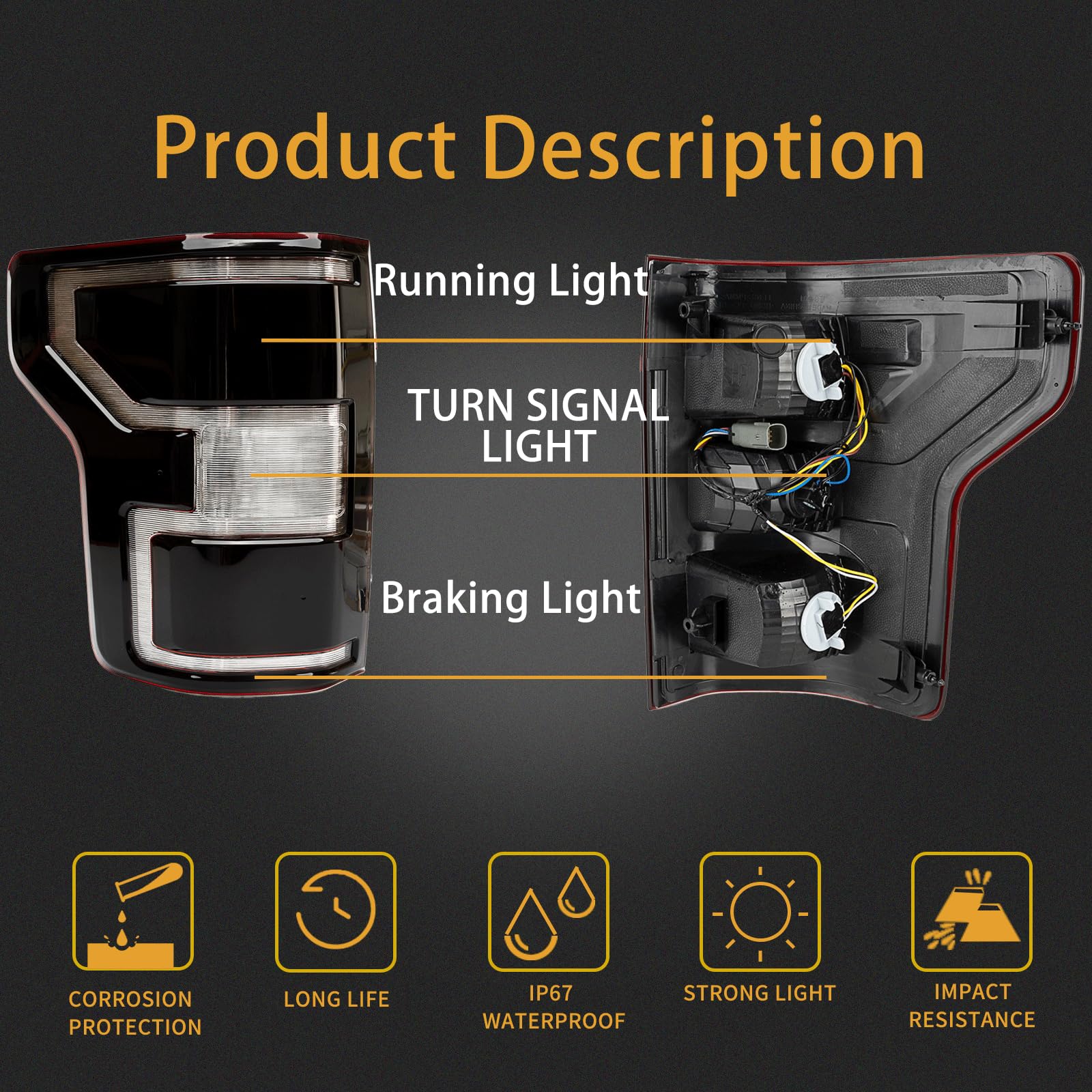 MiKaFex Brake Tail Light Rear Lamp for Ford F150 2018-2020, Driver & Passenger Side, Smoke Black, Halogen, Model HY114-SLR