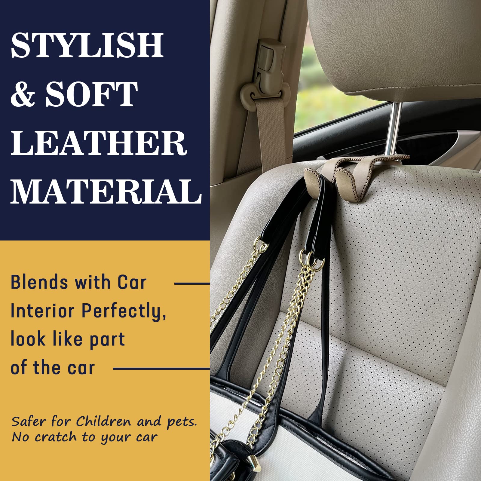Tisohugo Upgraded Headrest Hooks For Purses And Bags, 2 In 1 Car Back Seat Head Rest Hanger Matching Cars Interior Genuine Leath