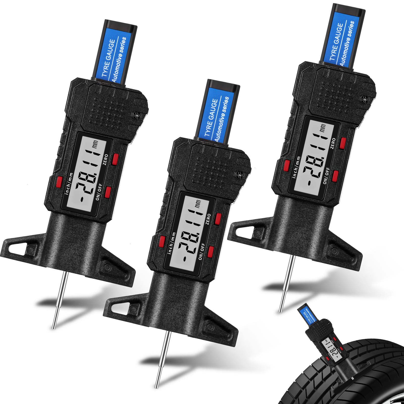 Frienda 3 Pieces Tire Tread Depth Gauge Tool Digital Tire Tread Depth Gauge LCD Display Tread Checker with Inch and MM Conversio