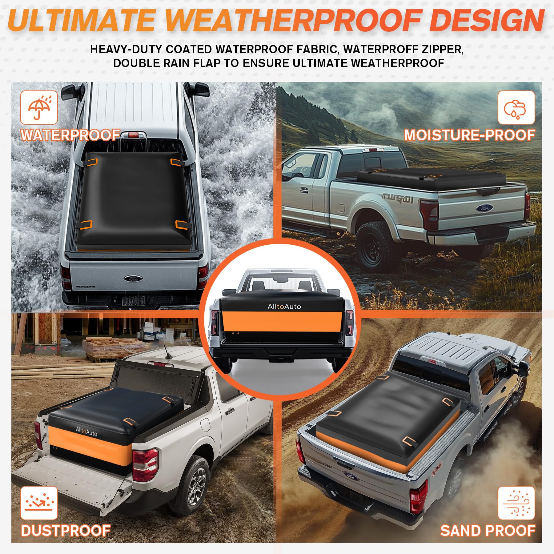 AlltoAuto Truck Bed Cargo Bag XL, 38 CU FT, 100% Waterproof PVC, Black & Orange, Fits Any Truck