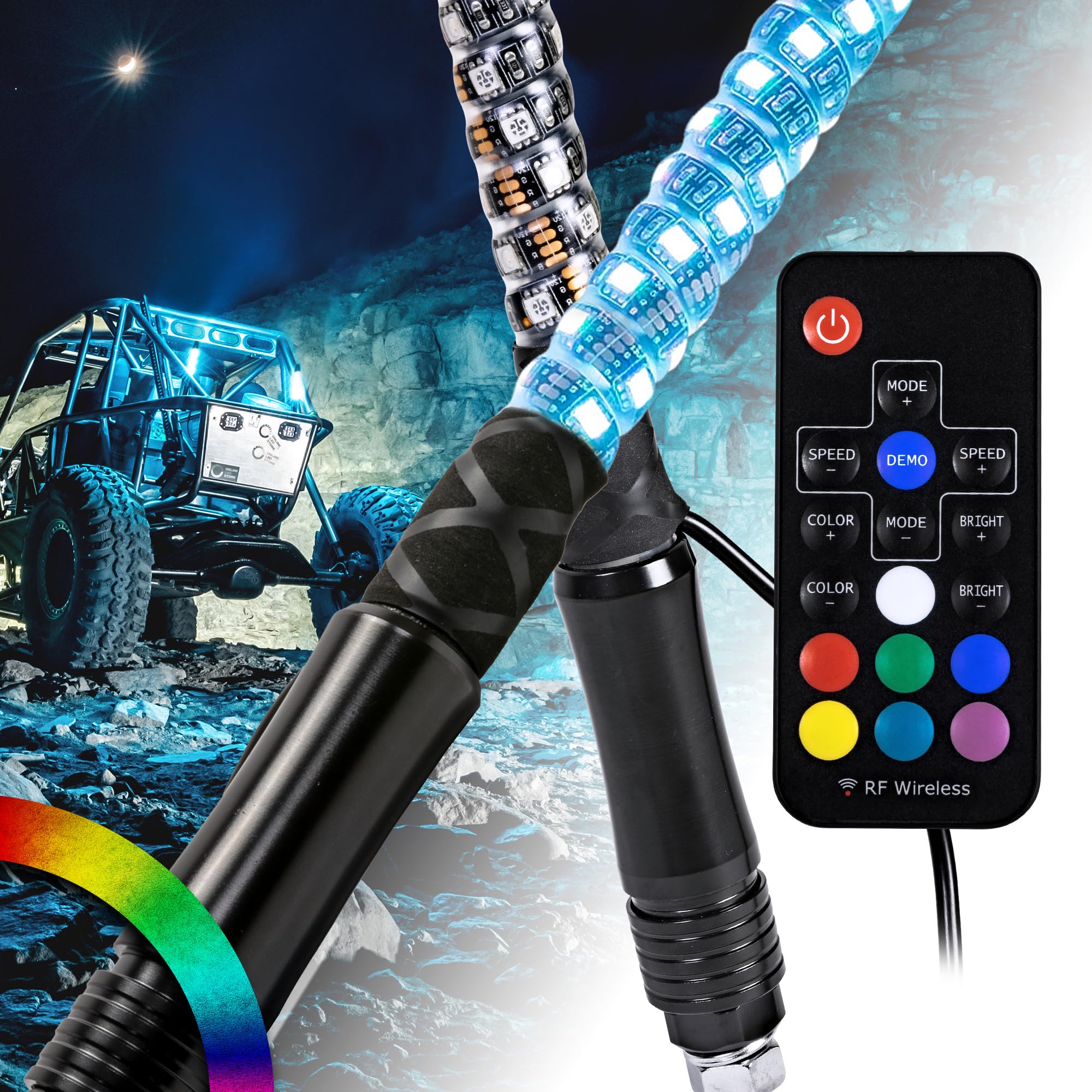True Mods 2Pc 1Ft Spiral Rgb Led Whip Light For Utv Atv [Rf Wireless Remote] Waterproof Led Lighted Whip Cb Antenna Pole Stick F